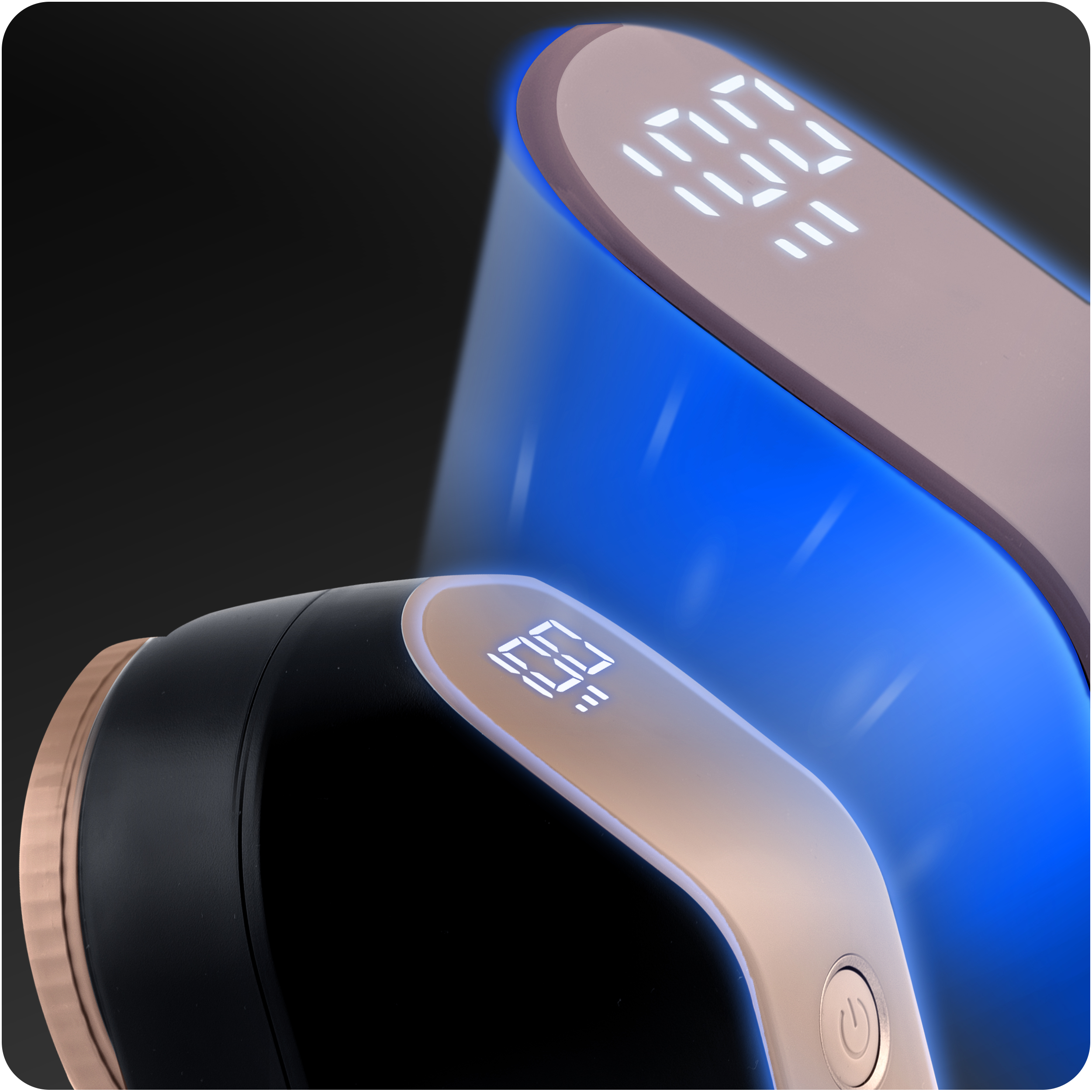 Zbliżenie dwóch golarek do tkanin, pokazujące ich wyświetlacze cyfrowe i przycisk zasilania.