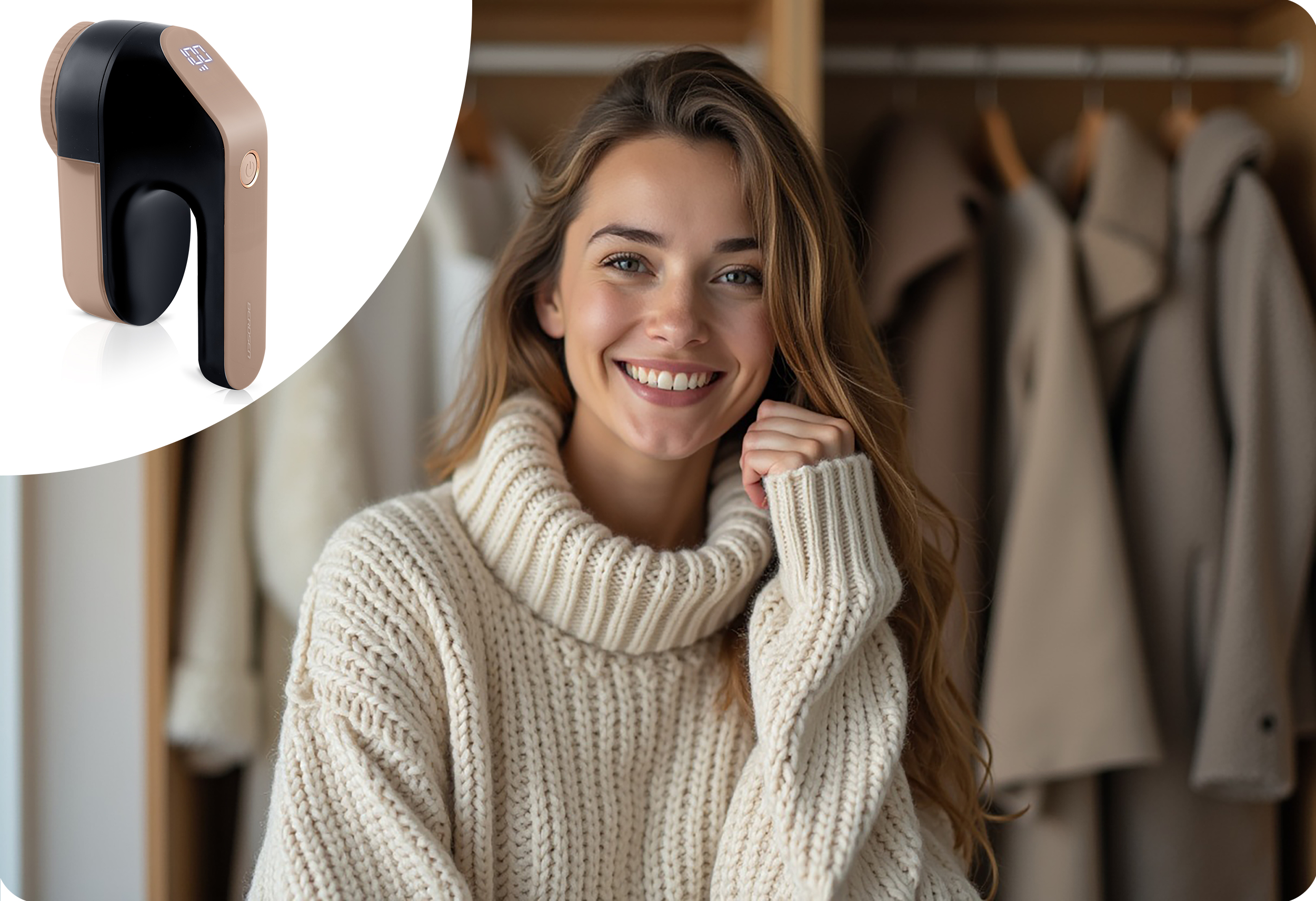 Uśmiechnięta kobieta w swetrze stoi w pobliżu garderoby, z golarką do tkanin w kadrze.