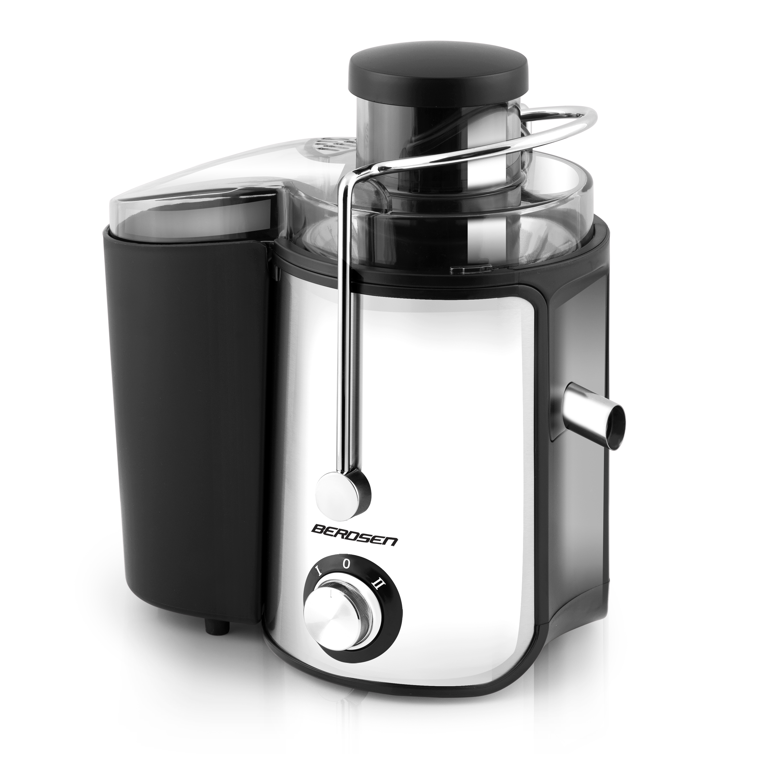 Srebrno-czarna wyciskarka do soków z przezroczystym pojemnikiem i uchwytem. Marka to Berosen.