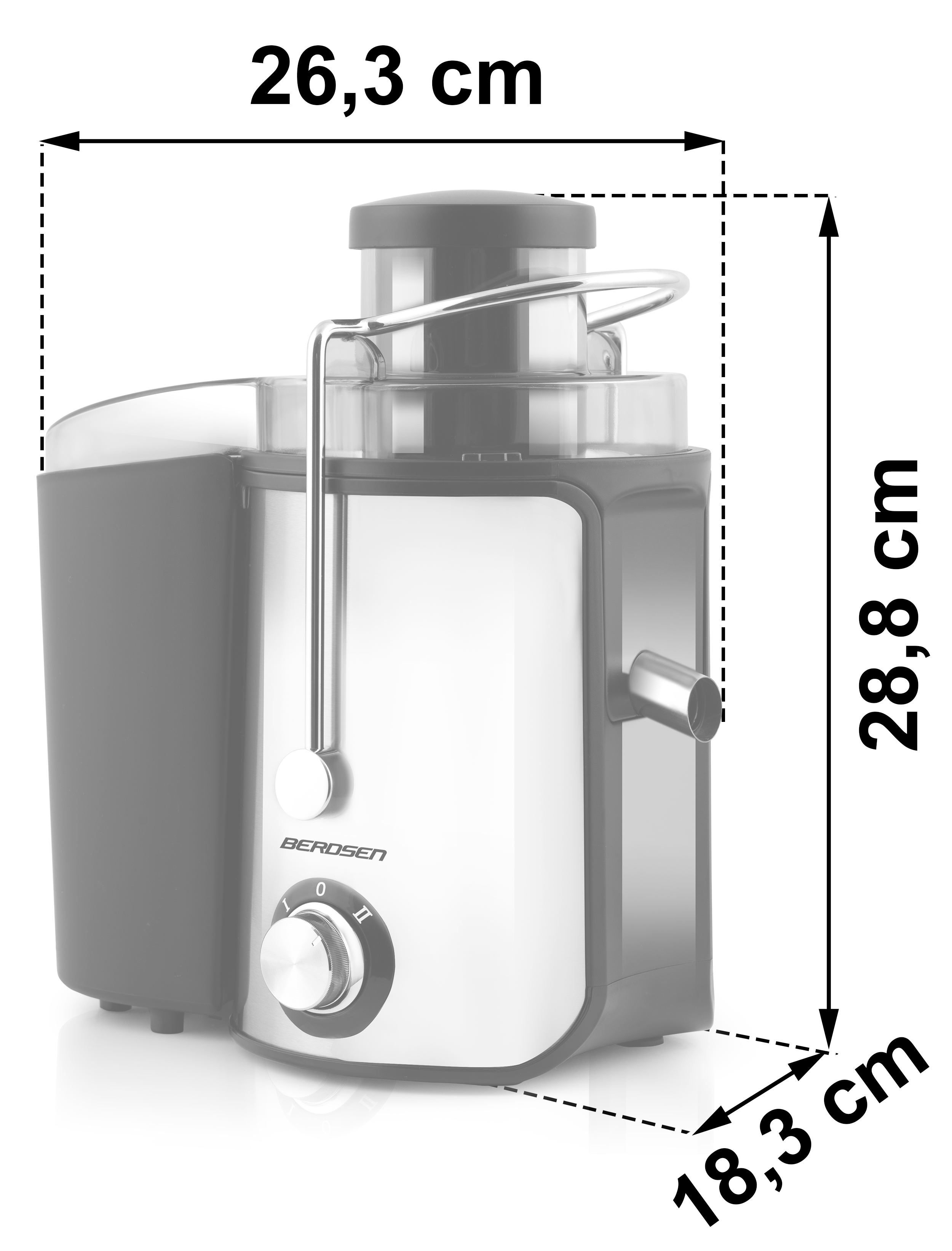 Srebrno-czarna wyciskarka do soku z wymiarami. Widoczna nazwa marki Berosen.
