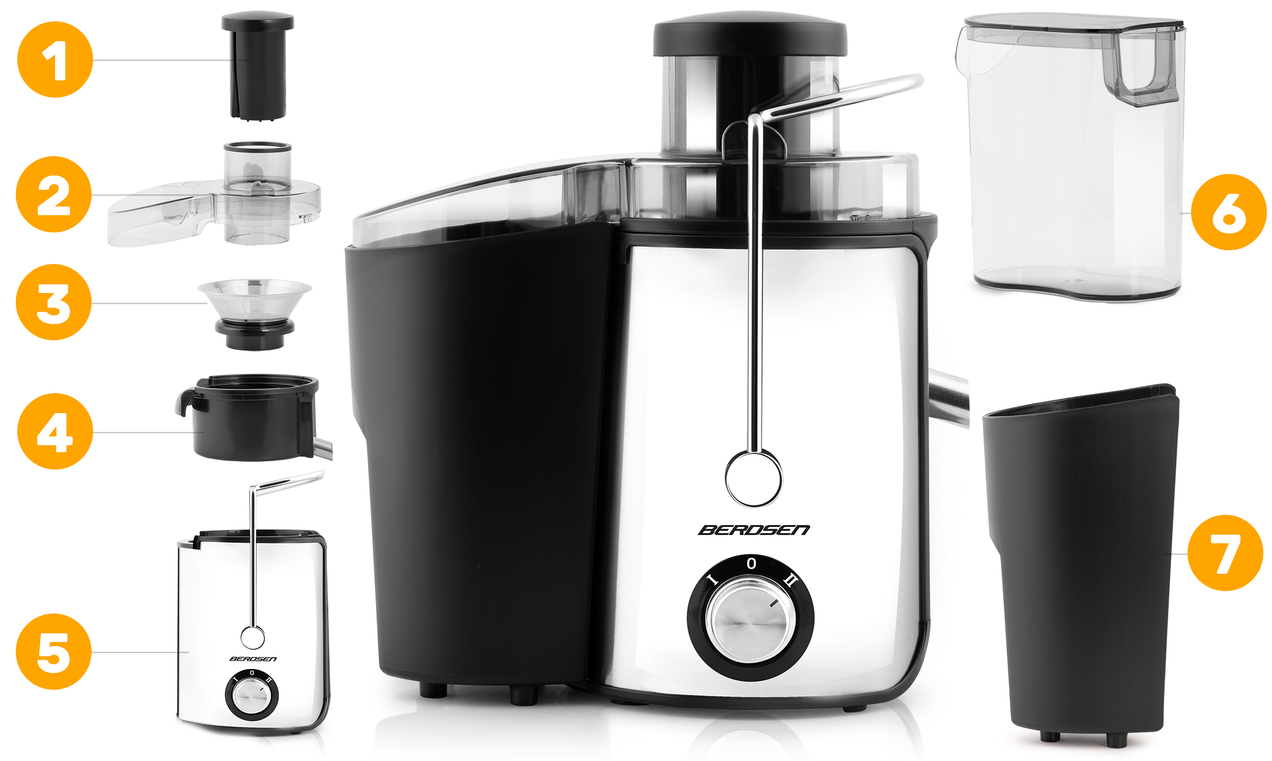 Wyświetlono wyciskarkę do soku z ponumerowanymi częściami, ilustrującą jej elementy i sposób działania.