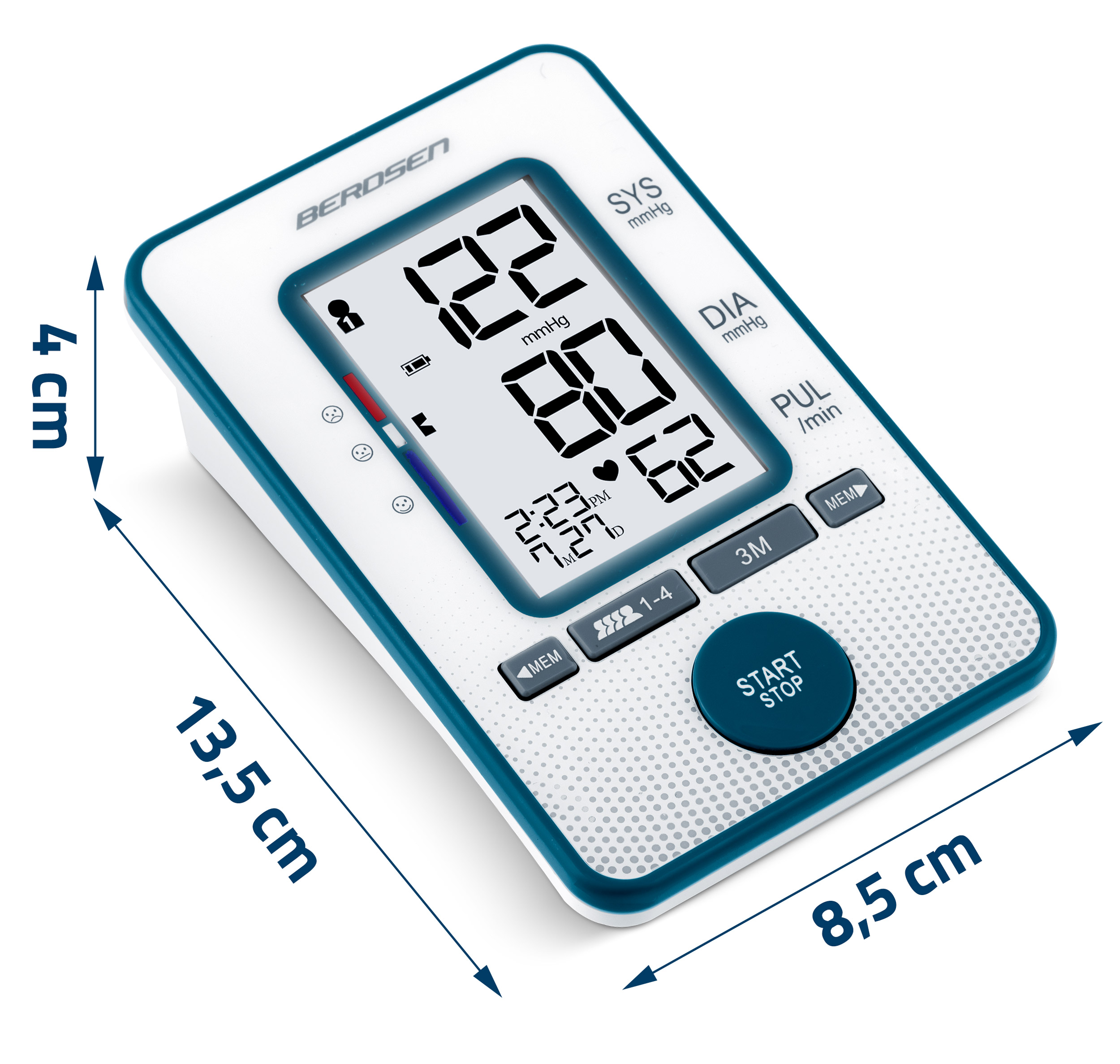 Cyfrowy monitor ciśnienia krwi wyświetlający wyniki: 122/80 i puls 62. Marka to Berosen.