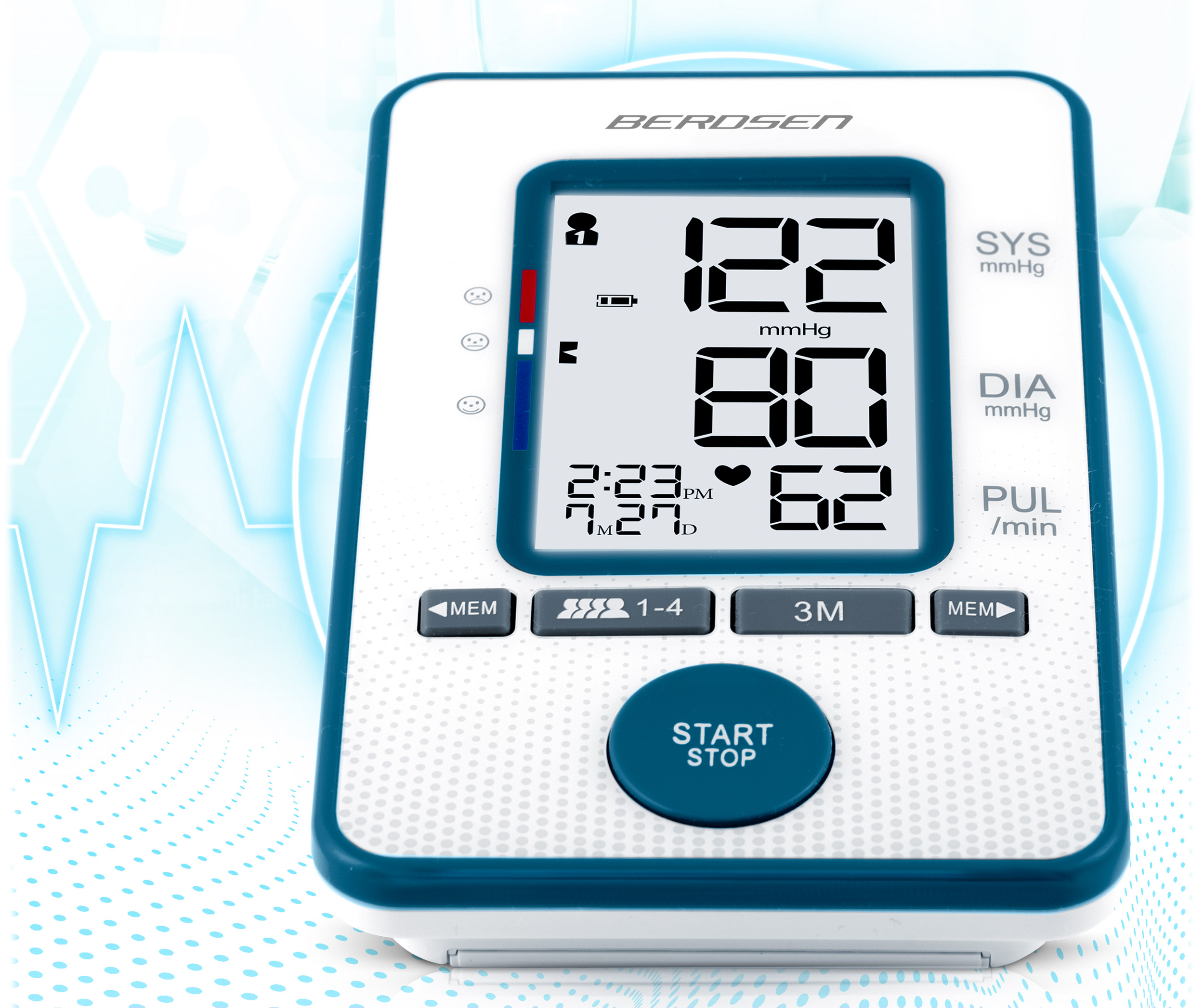 Ciśnieniomierz z cyfrowym wyświetlaczem, niebieskie akcenty. Ekran wyświetla odczyty, niebieskie fale.