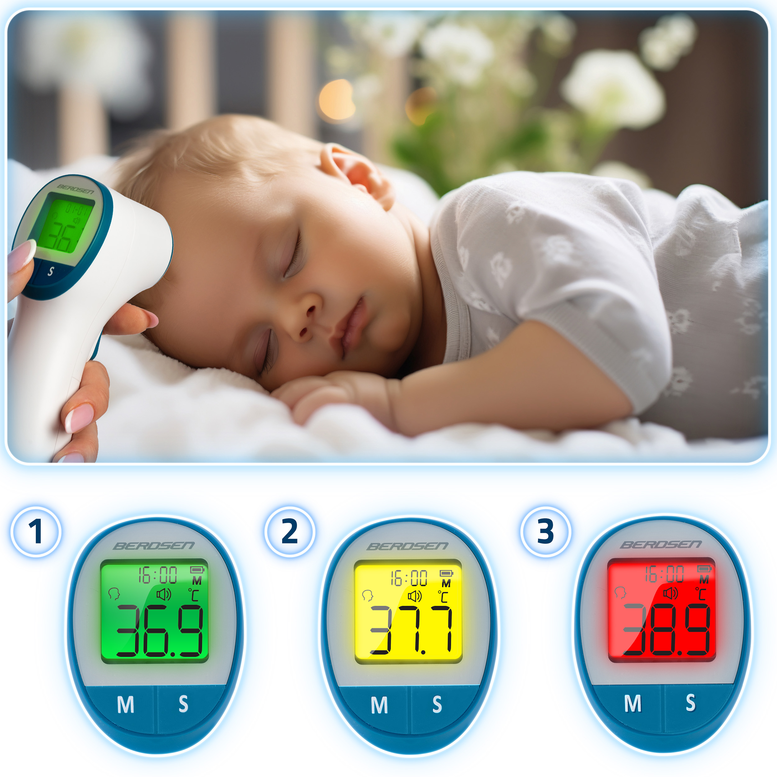 Niemowlę śpi, a termometr mierzy temperaturę. Trzy wyświetlacze termometru pokazują 36,9, 37,7 i 38,9 stopnia.