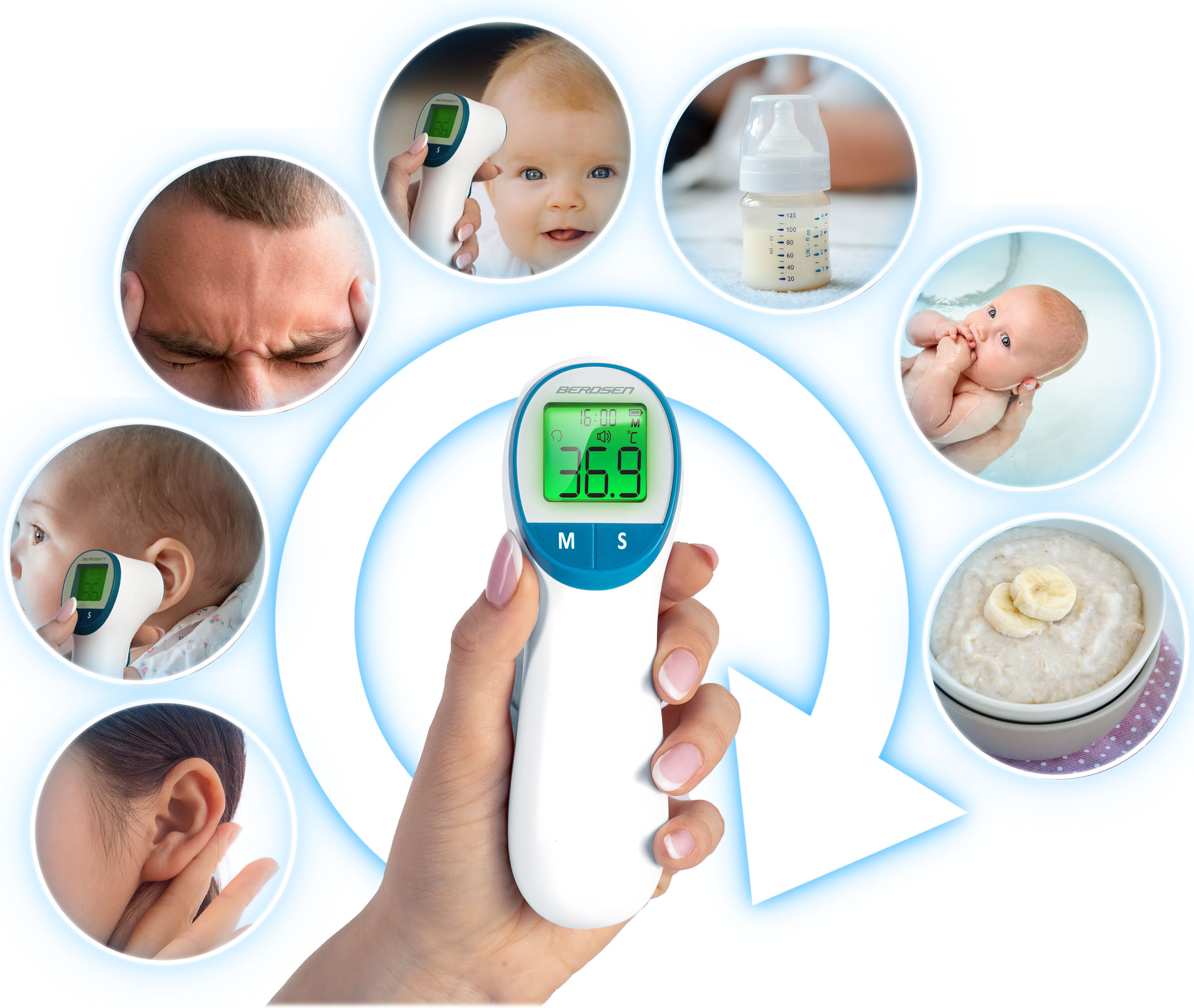 Termometr otoczony obrazami dziecka, jedzenia i twarzy osoby. Wyświetlacz pokazuje 36,9 stopnia.