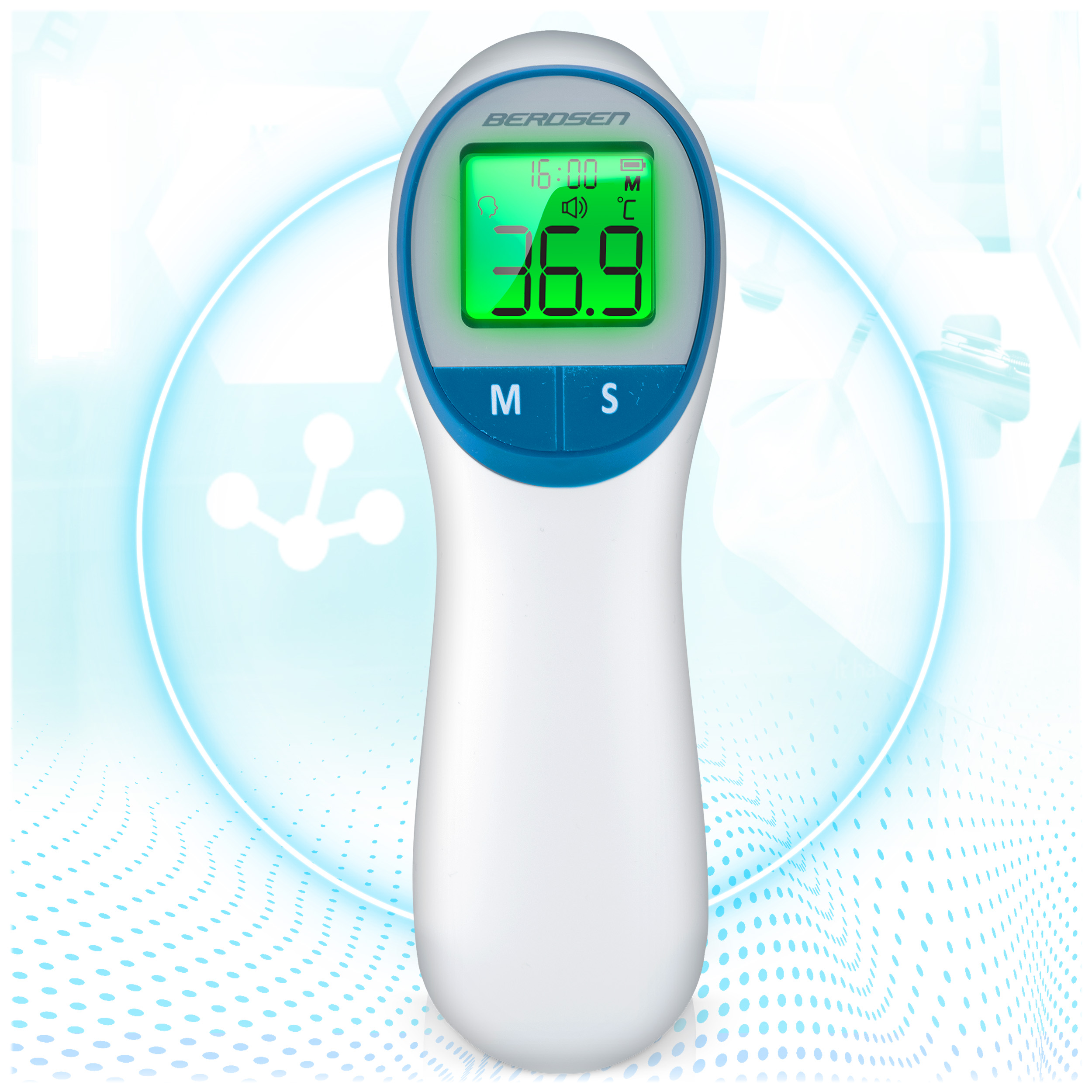 Biały termometr pokazuje 36,9 stopnia Celsjusza. Widoczne są przyciski M i S. Tło jest jasnoniebieskie.