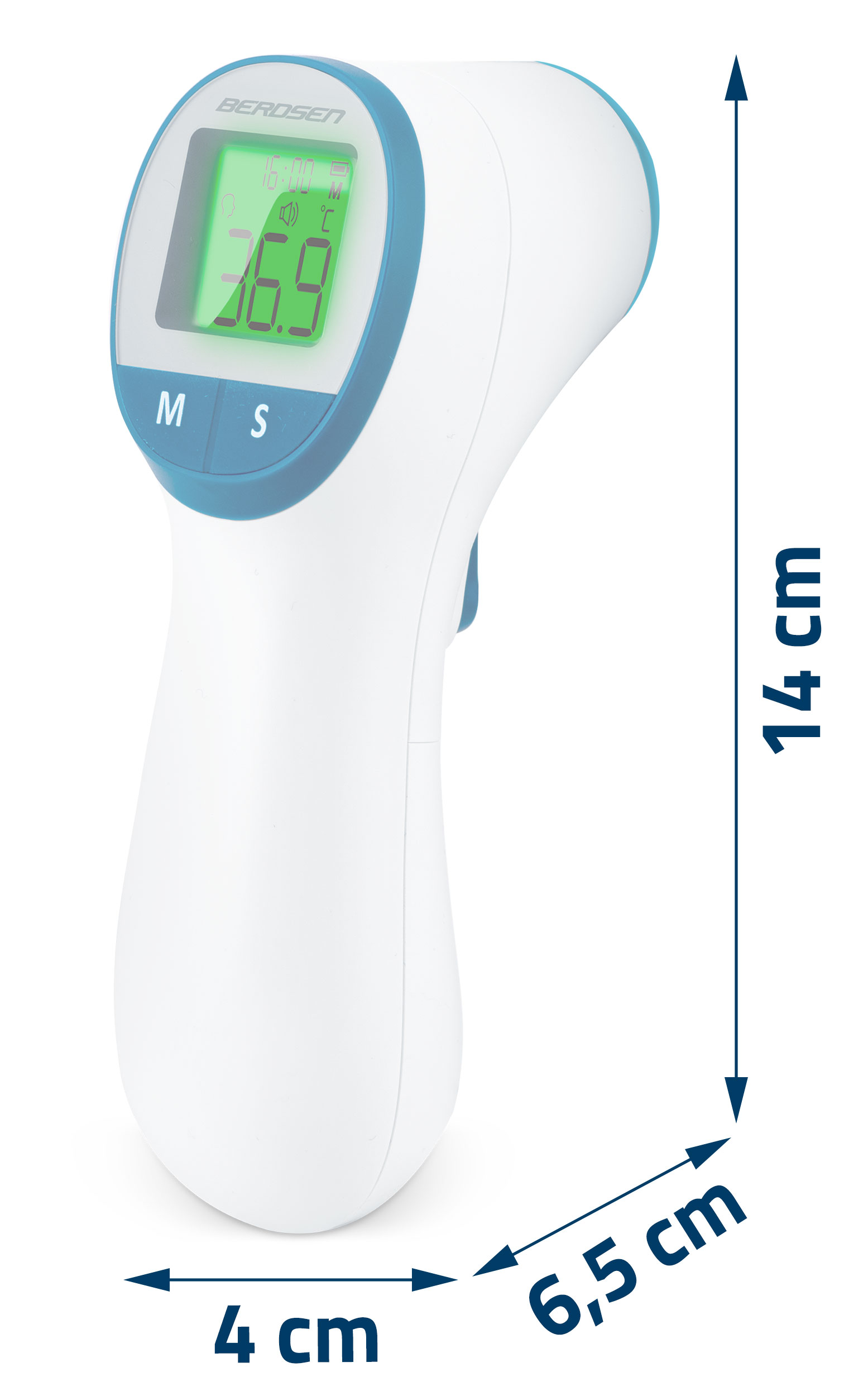 Biało-niebieski termometr na podczerwień z wyświetlaczem pokazującym temperaturę 36,9 stopni Celsjusza.