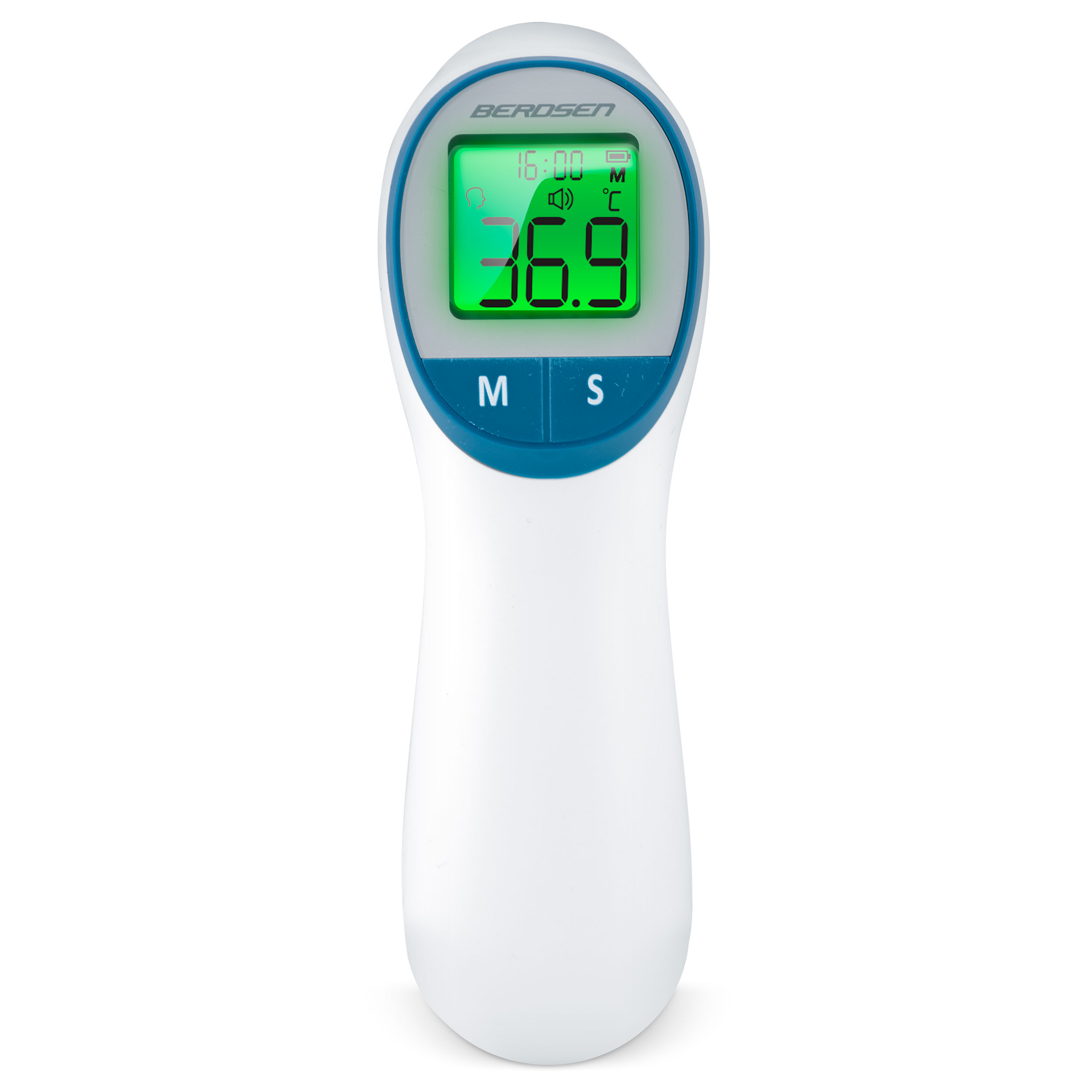 Biało-niebieski termometr Berosen. Wyświetlacz pokazuje 36,9 stopni. Termometr na białym tle.