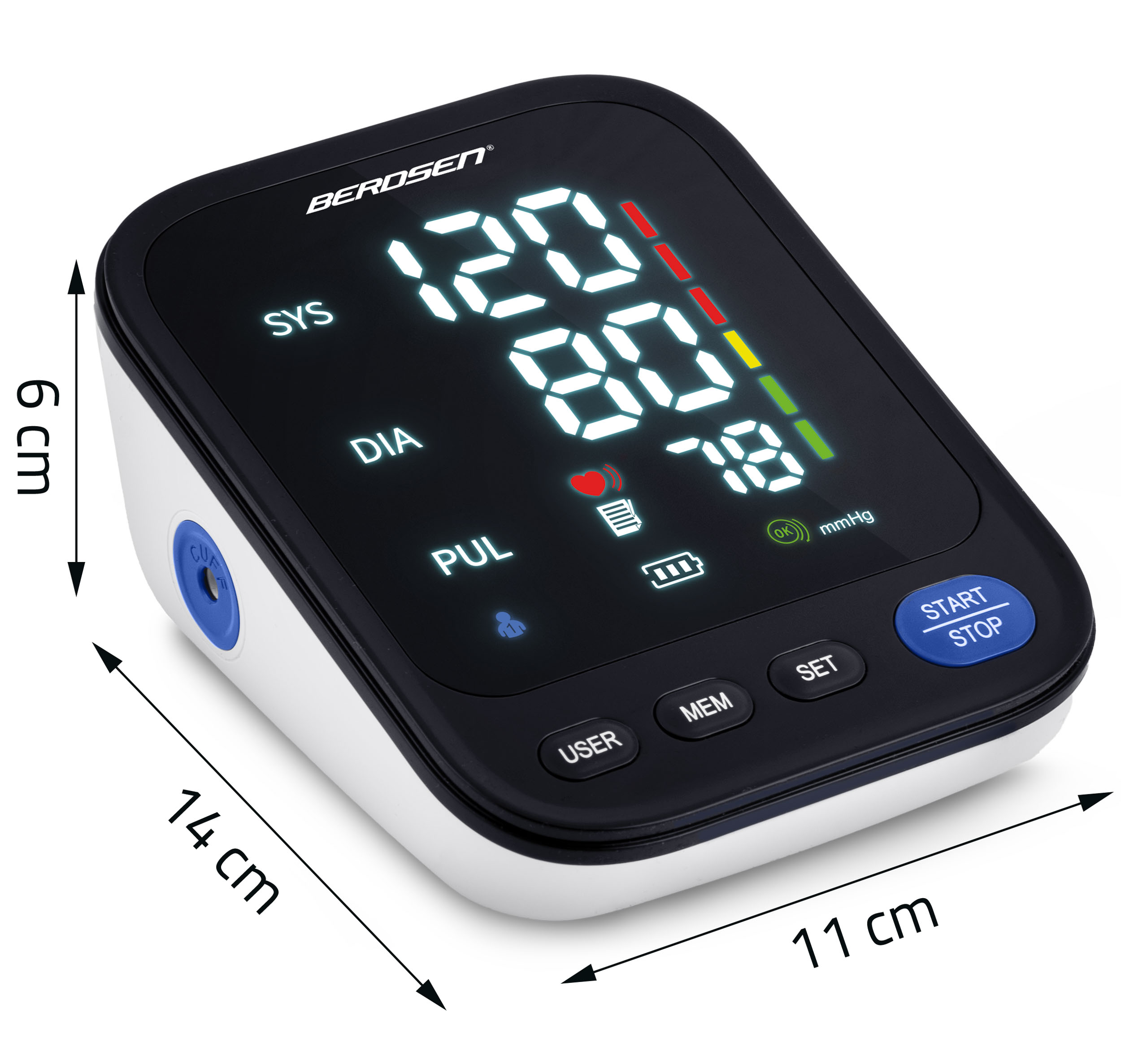 Czarny ciśnieniomierz pokazuje 120/80 i 78. Wymiary: 14 cm x 11 cm x 6 cm. Funkcje: SYS, DIA, PUL i start/stop.