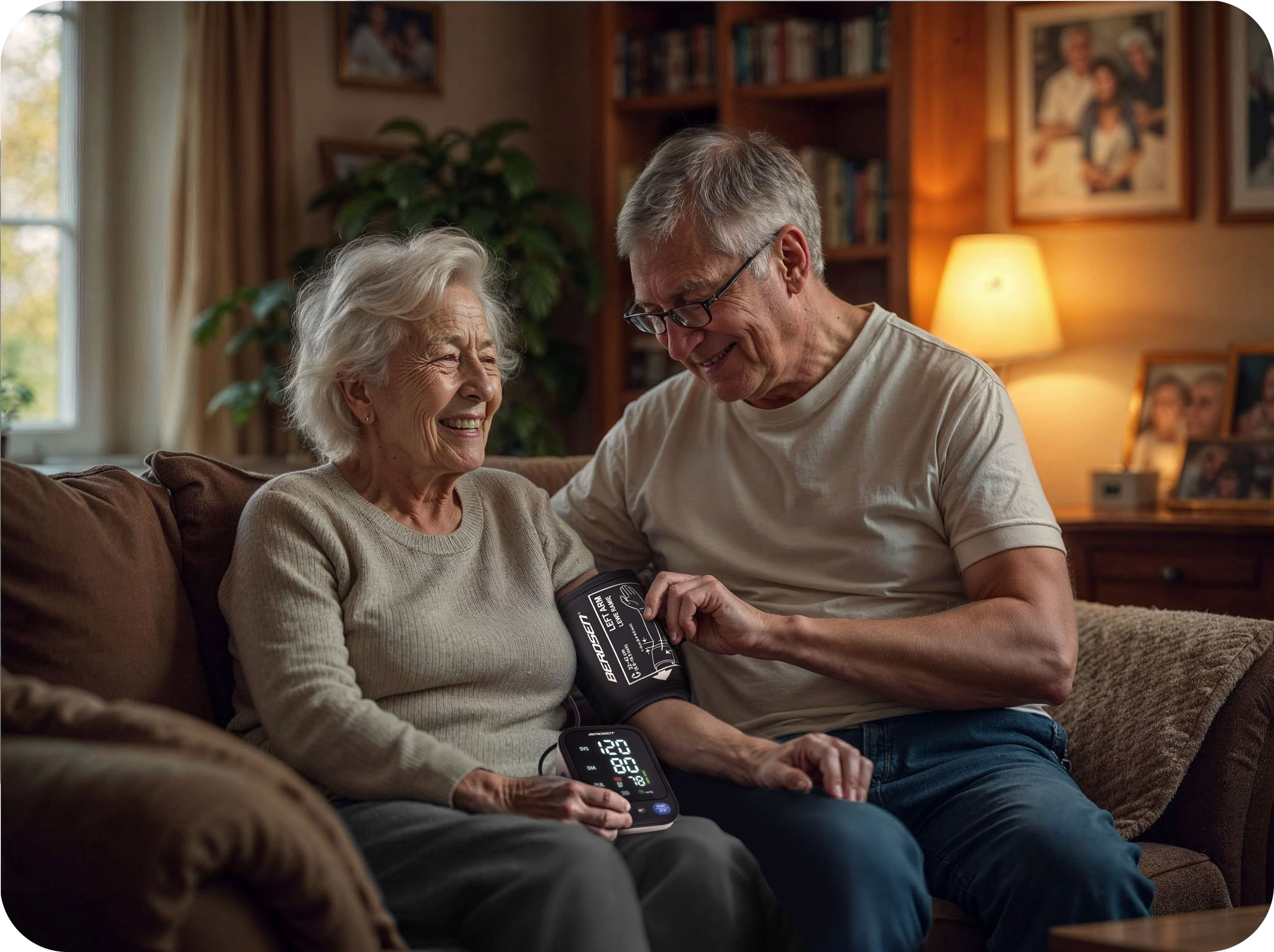 Starsza para uśmiecha się, gdy jedna osoba mierzy ciśnienie drugiej. Siedzą na brązowej kanapie w ciepło oświetlonym pokoju.