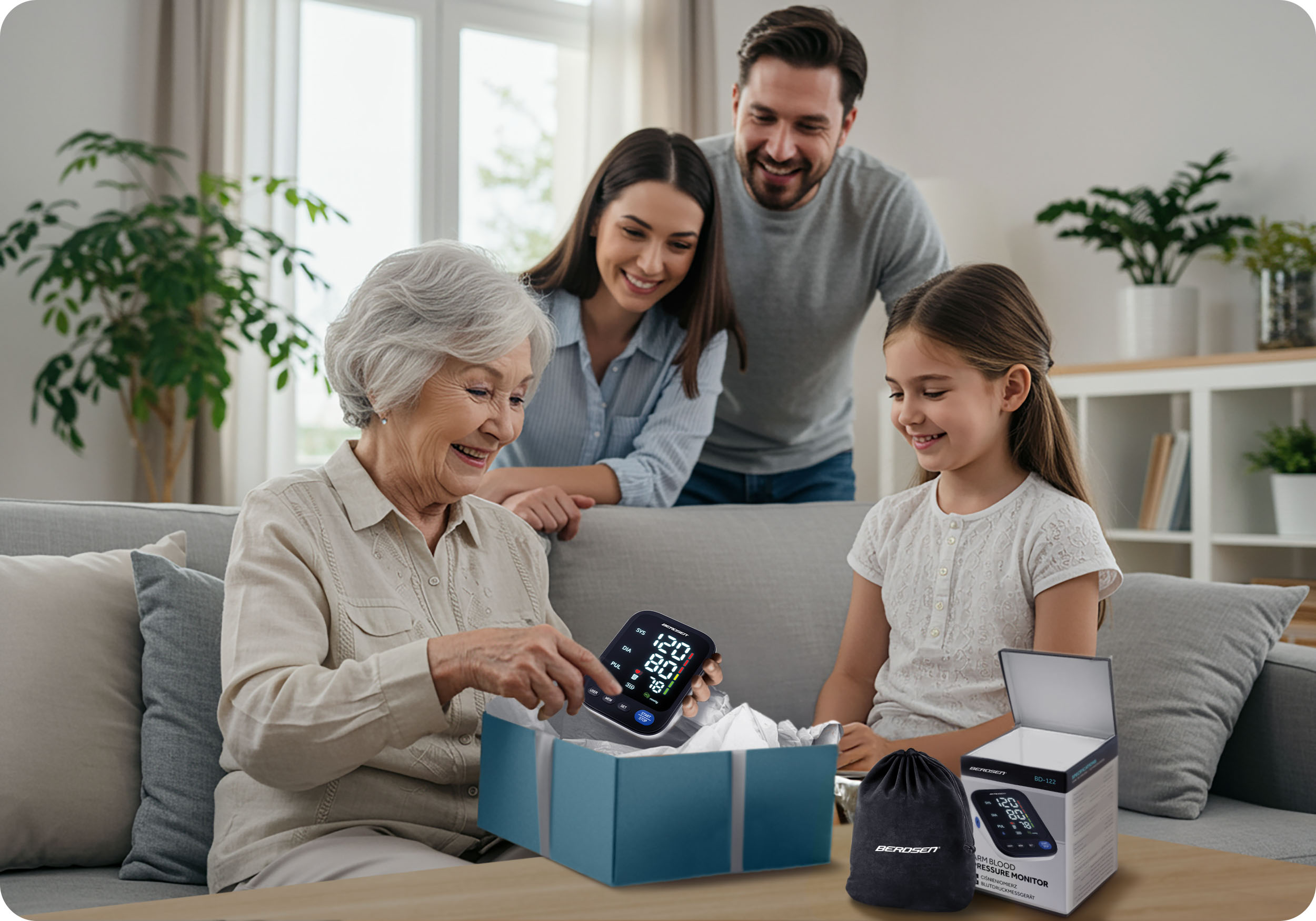 Rodzina otwiera prezent. Prezent to ciśnieniomierz. Pudełko zawiera monitor i akcesoria.