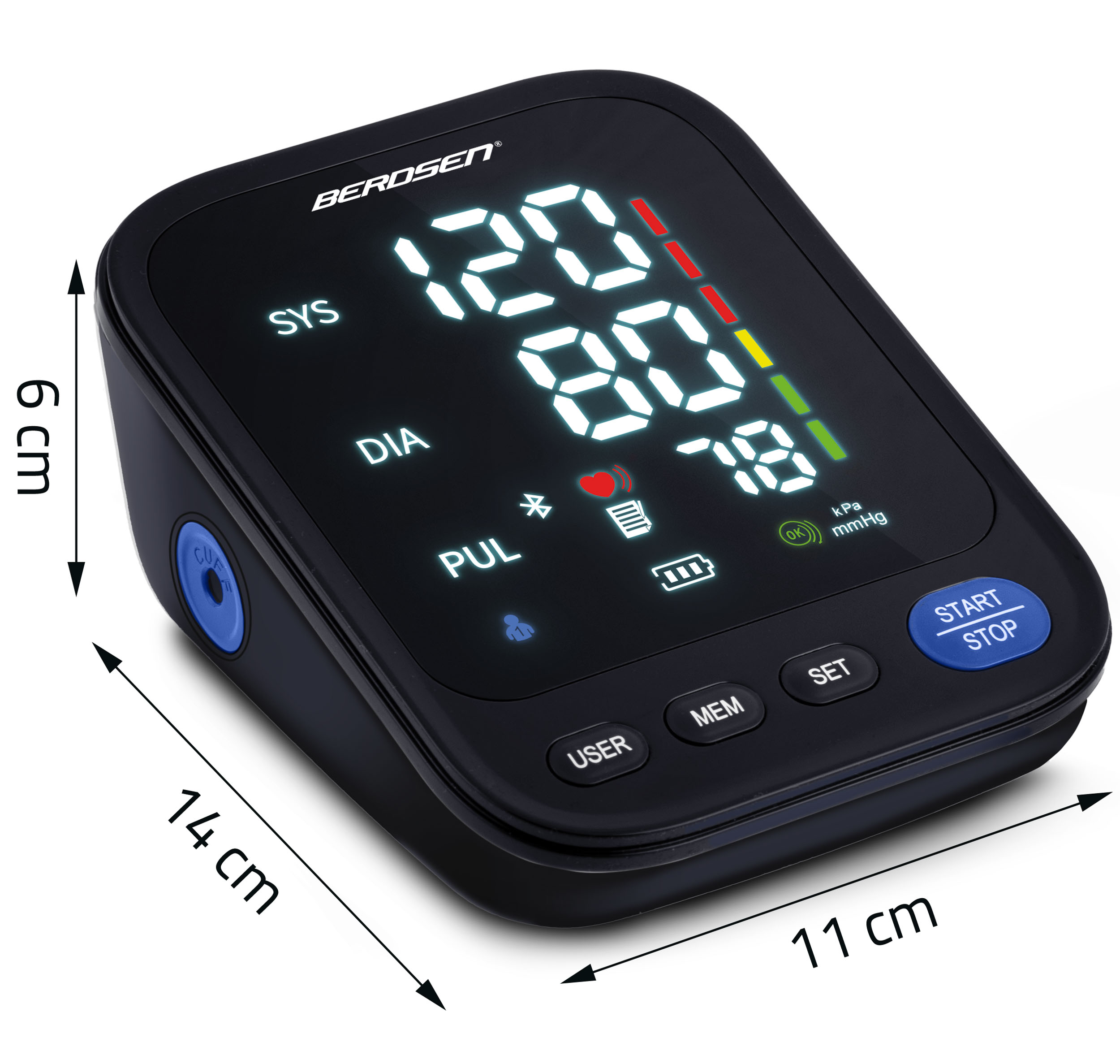 Czarny ciśnieniomierz wyświetla odczyty i ma przyciski do obsługi.