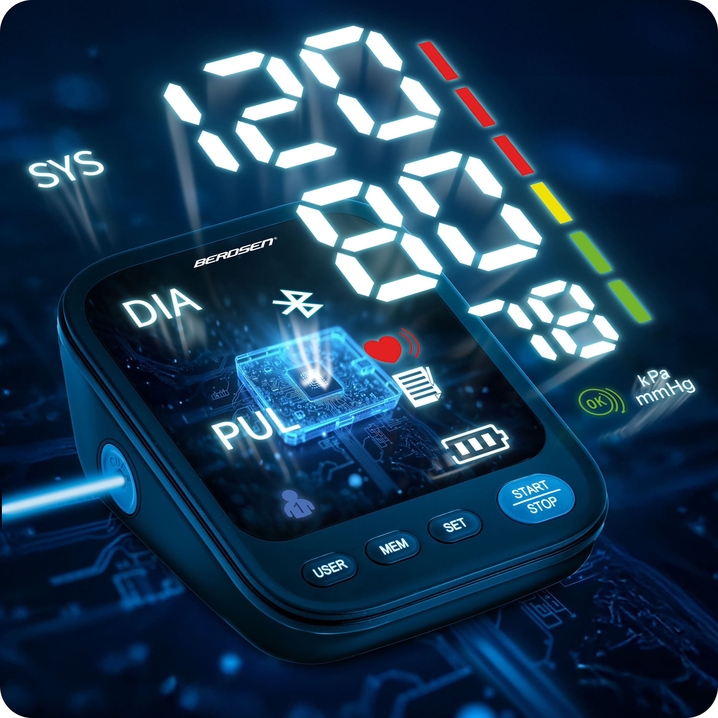 Ciśnieniomierz pokazuje 120/80 i 78. Niebieski efekt świetlny otacza monitor. Widoczne są SYS, DIA, PUL i start/stop.