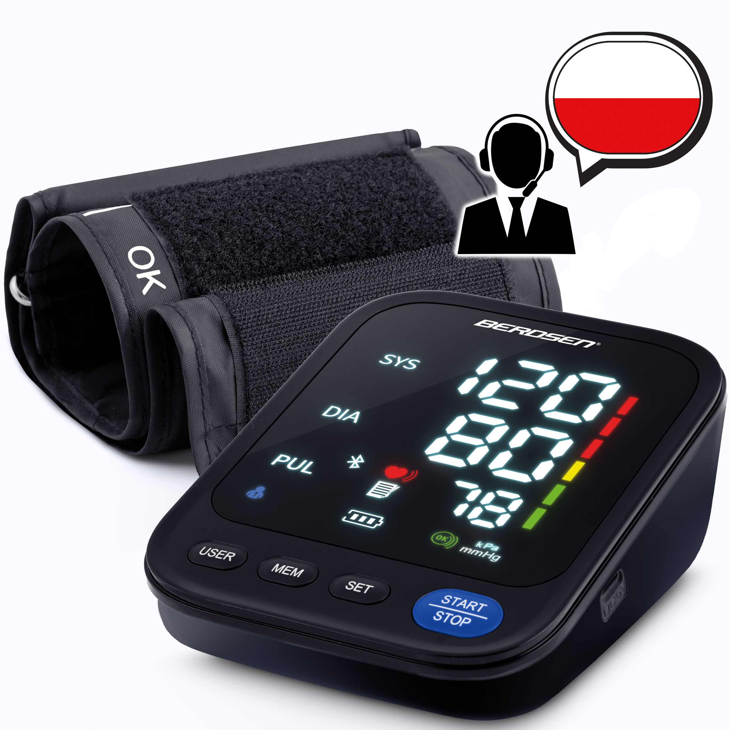 Ciśnieniomierz z mankietem na ramię i dymkiem obsługi klienta mówiącym po polsku.