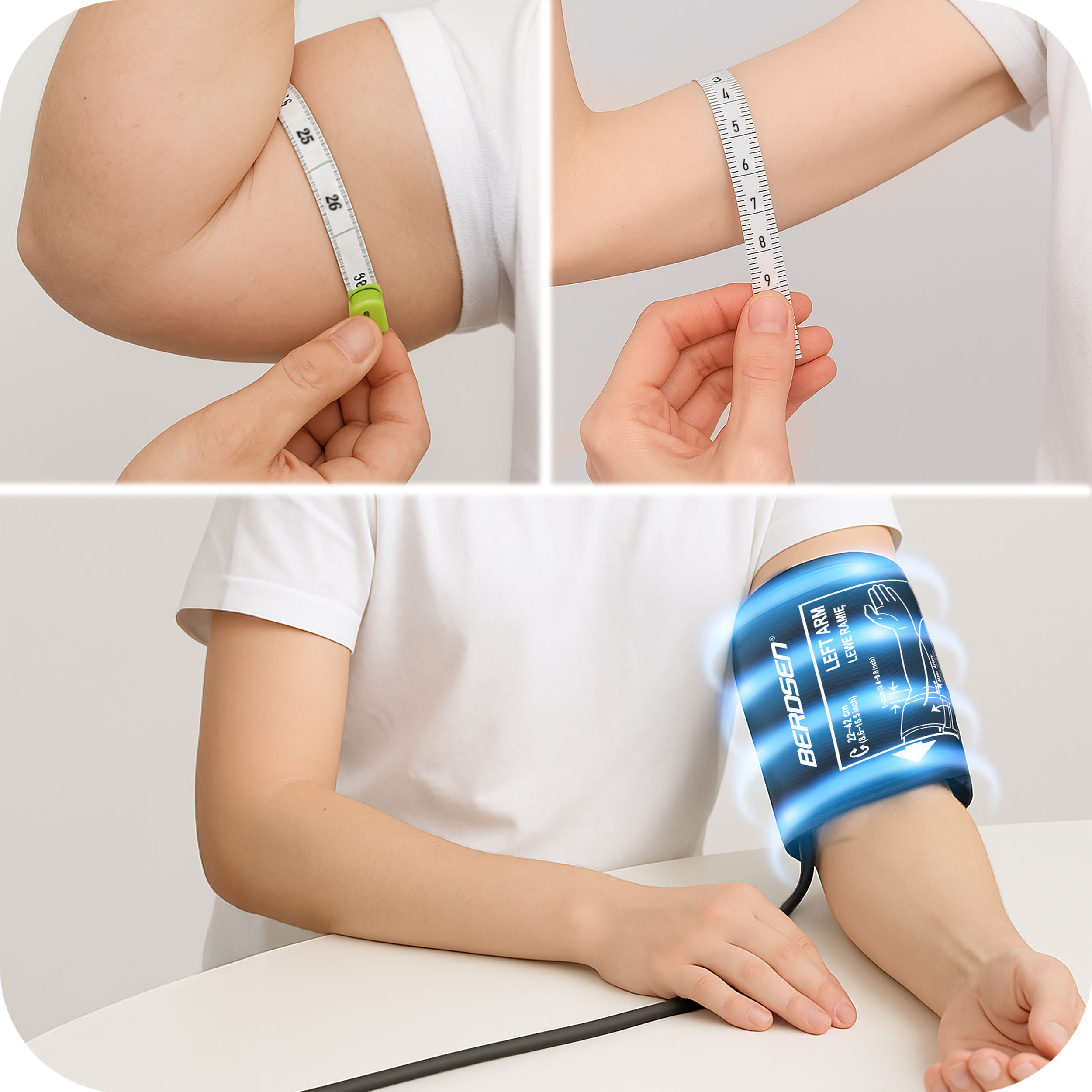 Osoba mierzy biceps miarką, a inna osoba mierzy ramię. Ciśnieniomierz.