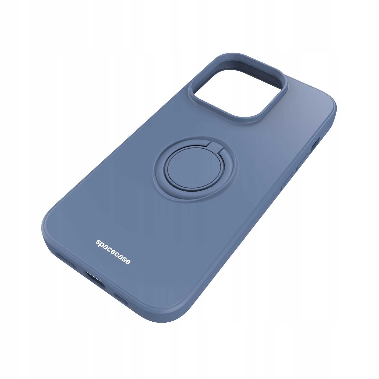 Niebieskie etui na telefon z uchwytem na pierścień. Widnieje na nim nazwa marki spacecase.