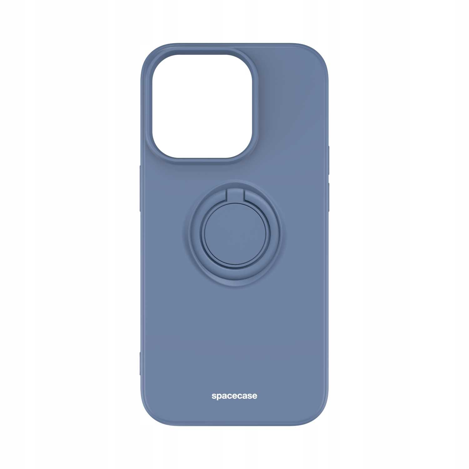 Niebieskie etui na telefon z uchwytem na pierścień. Widnieje na nim nazwa marki spacecase.