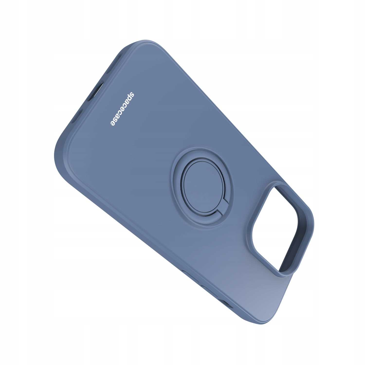 Niebieskie etui na telefon z uchwytem na pierścień jest ustawione pod kątem. Widnieje na nim nazwa marki spacecase.