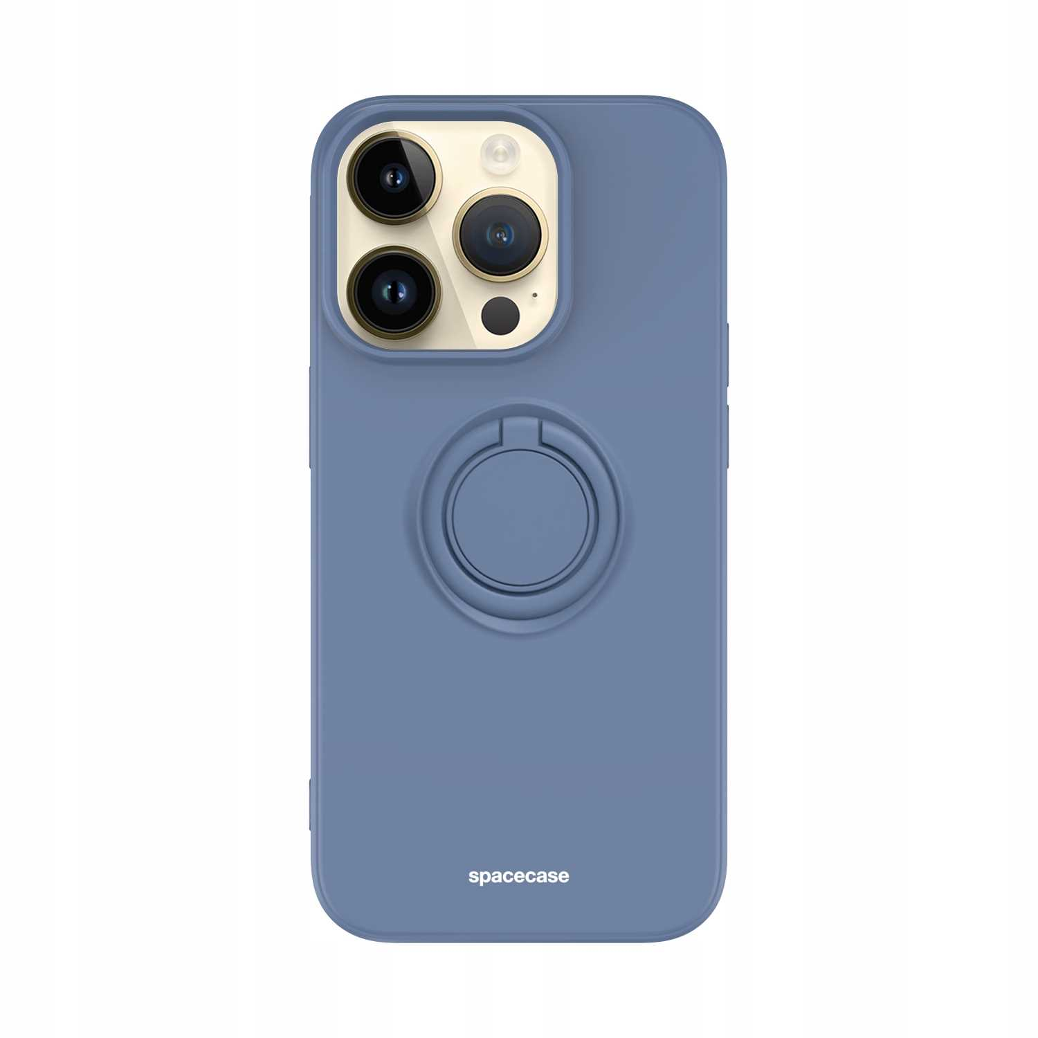 Niebieskie etui na telefon z uchwytem na palec. Widoczna nazwa marki spacecase.