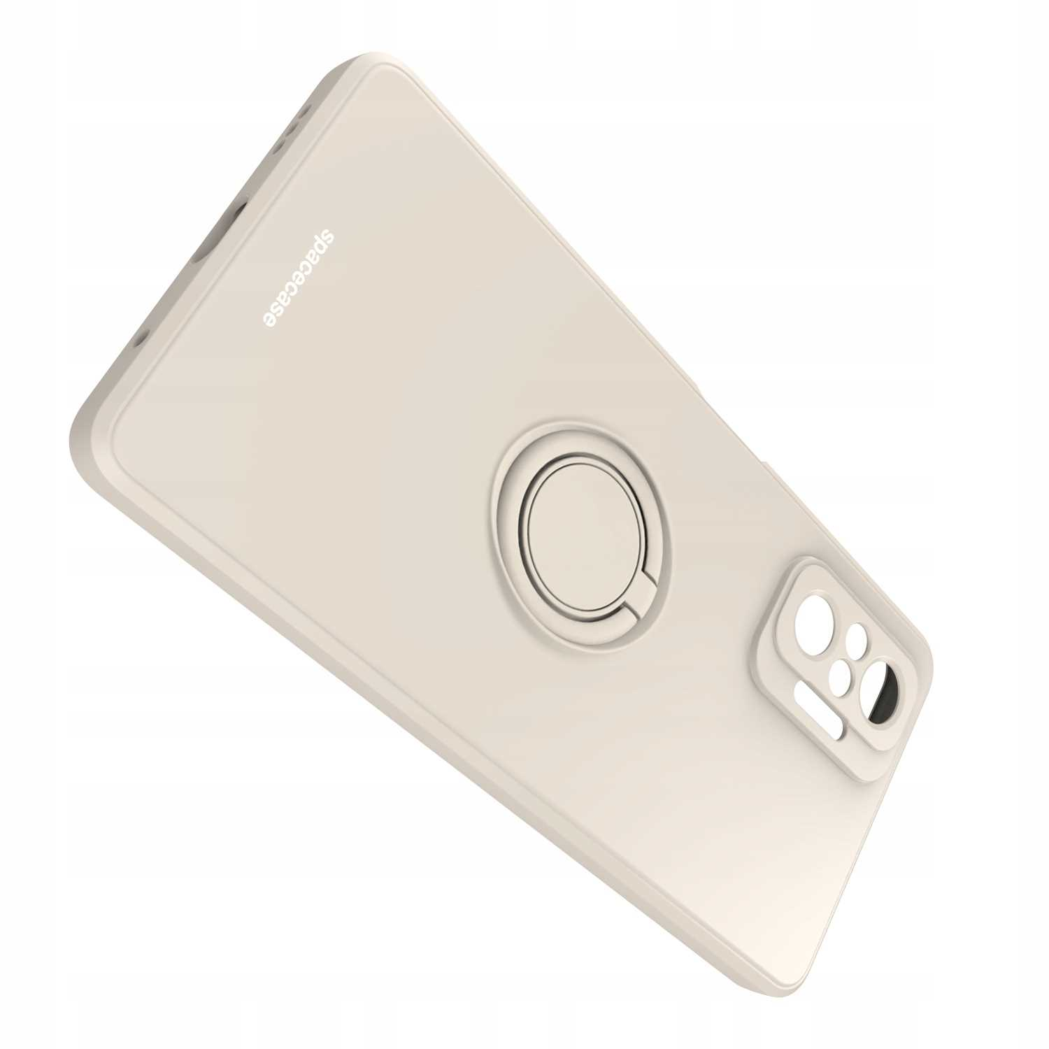 Kremowe etui na telefon z uchwytem na pierścień. Widoczna marka 'spacecase'.