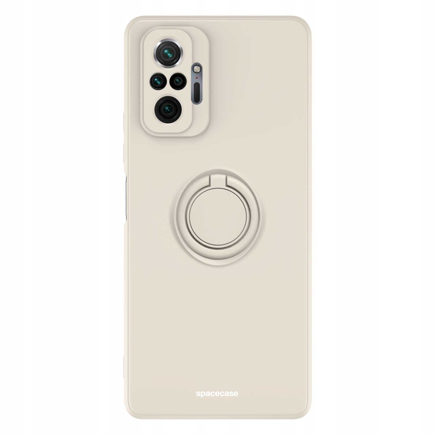 Kremowe etui na telefon z uchwytem na pierścień. Marka 'spacecase' na dole.
