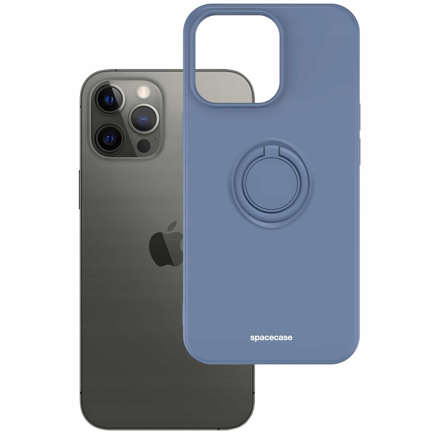 Niebieskie etui na telefon z uchwytem na pierścień obok telefonu. Marka to 'spacecase'.