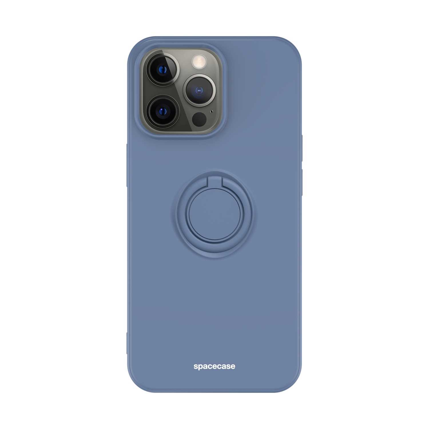 Niebieskie etui na telefon z wycięciami na aparat i uchwytem na pierścień, marka 'spacecase'.