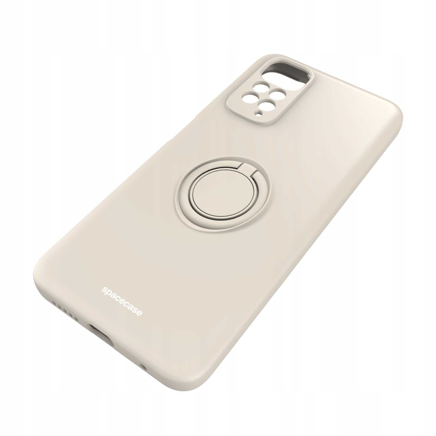 Beżowe etui na telefon z uchwytem na pierścień, widok z boku. Widoczna marka 'spacecase'.