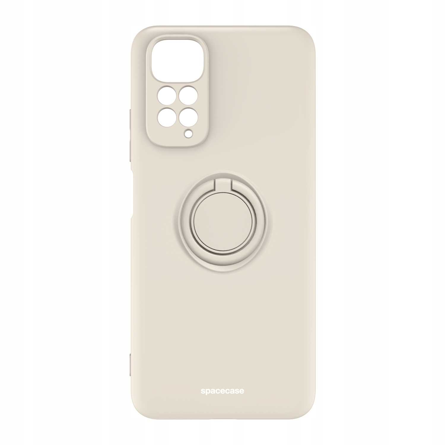 Beżowe etui z uchwytem na pierścień. Widoczny tył, z nazwą marki.