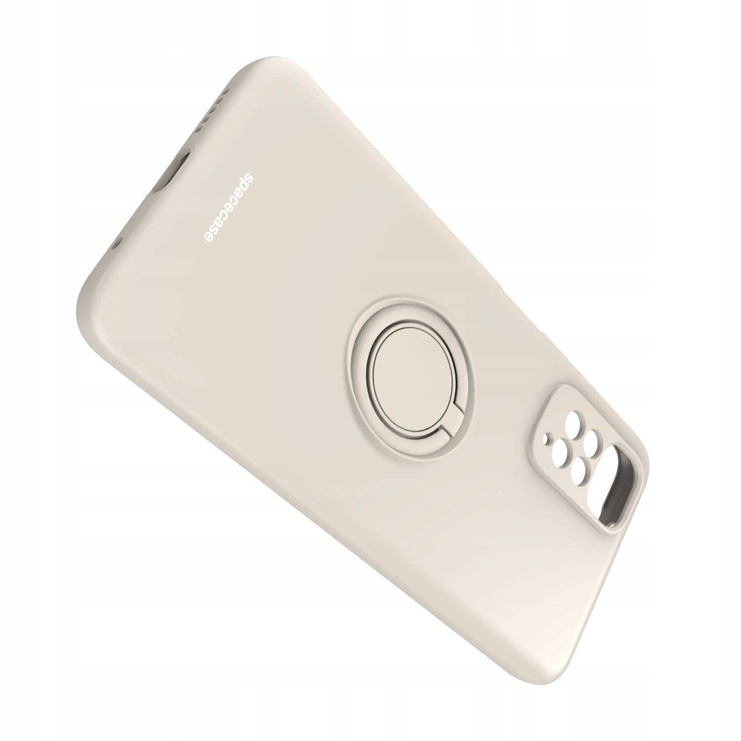 Kremowe etui na telefon z uchwytem na pierścień. Etui jest przechylone i ma nadruk 'spacecase'.
