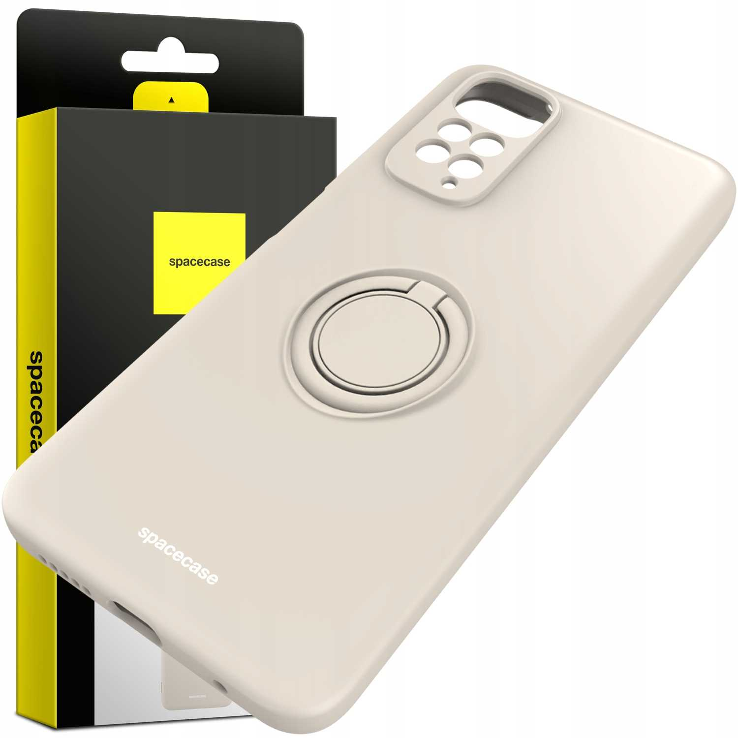 Beżowe etui na telefon z pierścieniem i opakowaniem. Marka to spacecase.