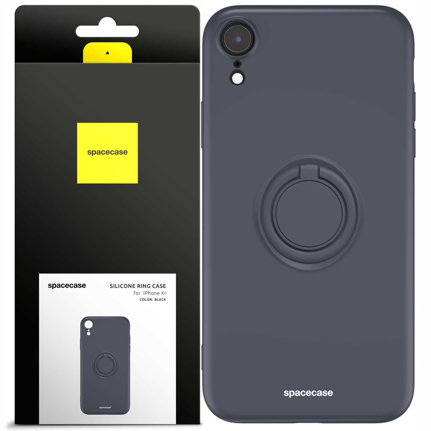 Ciemnoszare etui na telefon z uchwytem na pierścień i opakowaniem. Marka to spacecase.