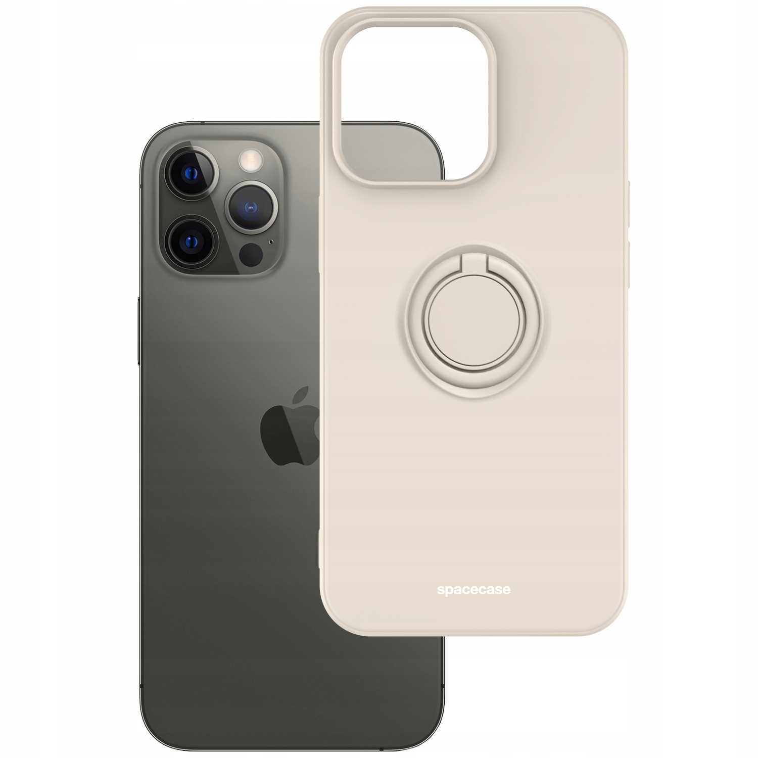 Telefon obok etui, etui w kolorze kości słoniowej z logo spacecase.