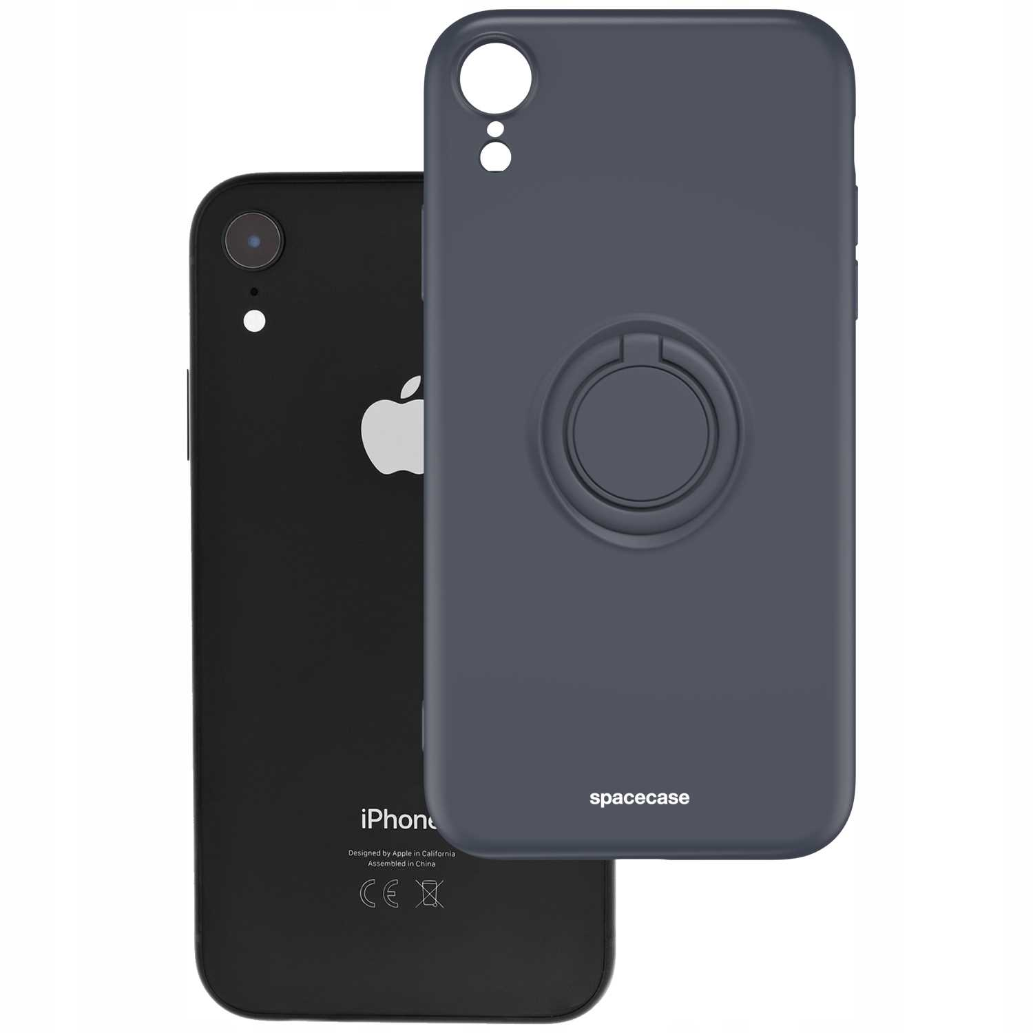 Czarny telefon obok ciemnoszarego etui. Etui ma uchwyt na pierścień, logo spacecase.