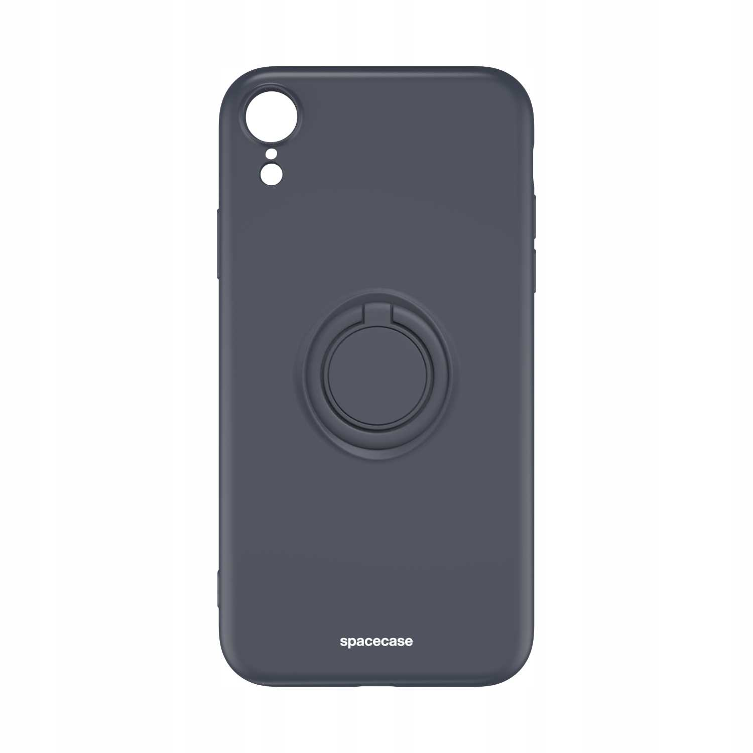 Ciemnoszare etui na telefon z logo spacecase i uchwytem na pierścień.