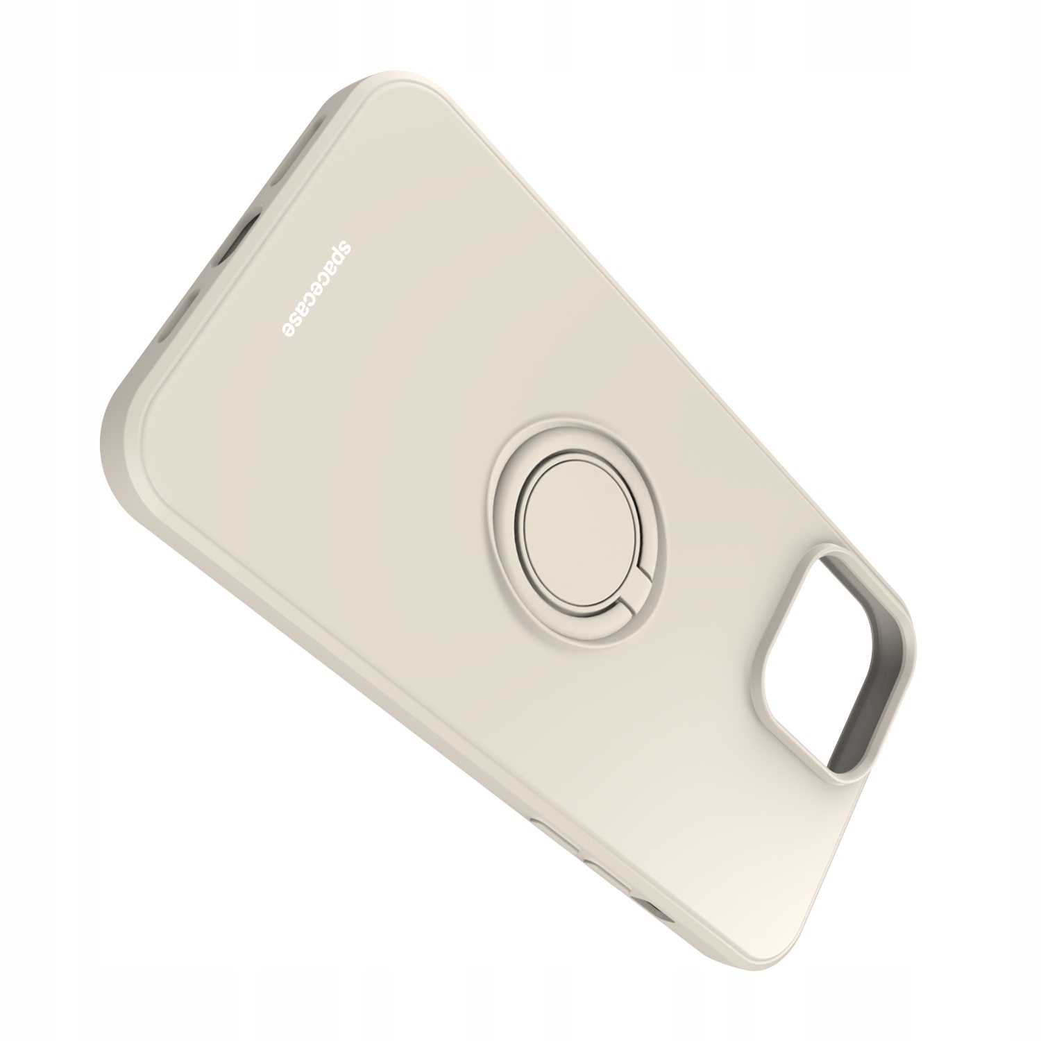 Kremowe etui z uchwytem na palec. Marka 'spacecase' widoczna.