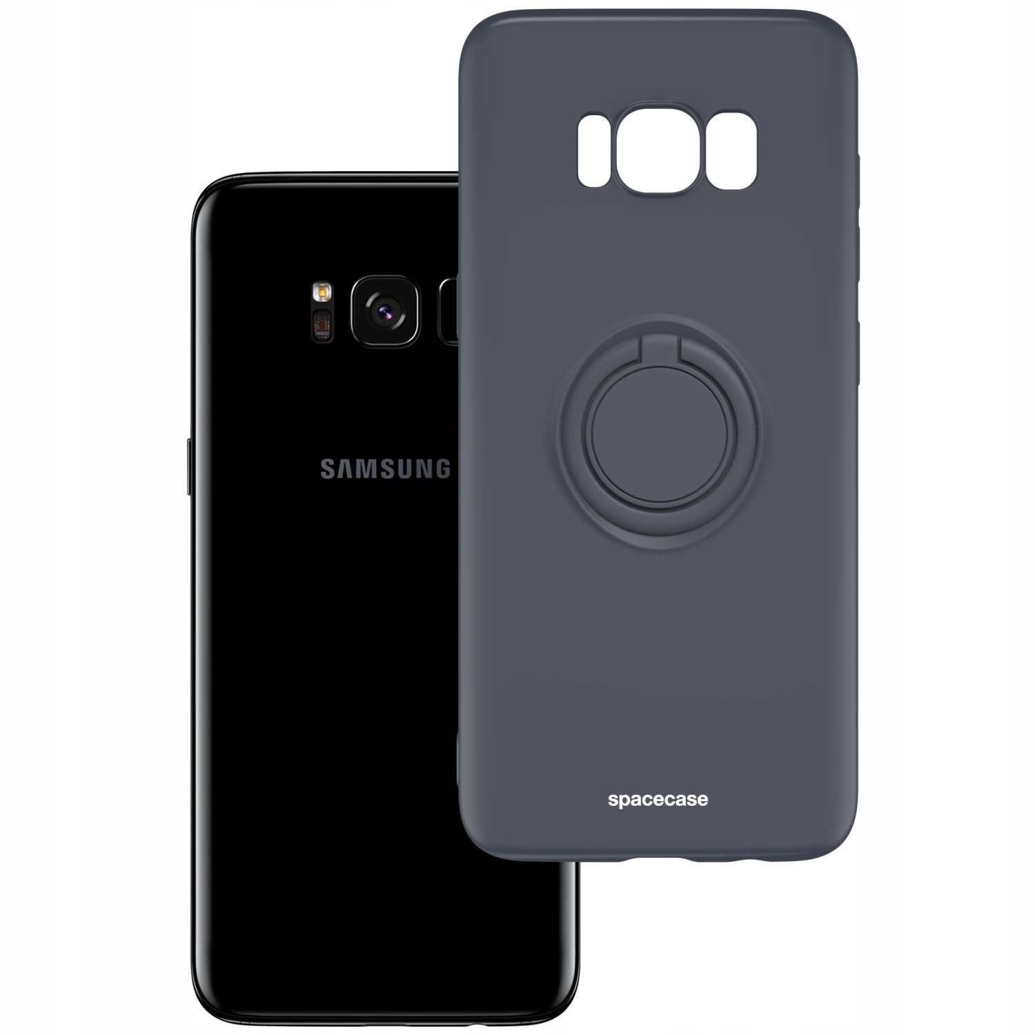 Telefon z ciemnoszarym etui i uchwytem na palec. Logo Samsung widoczne.