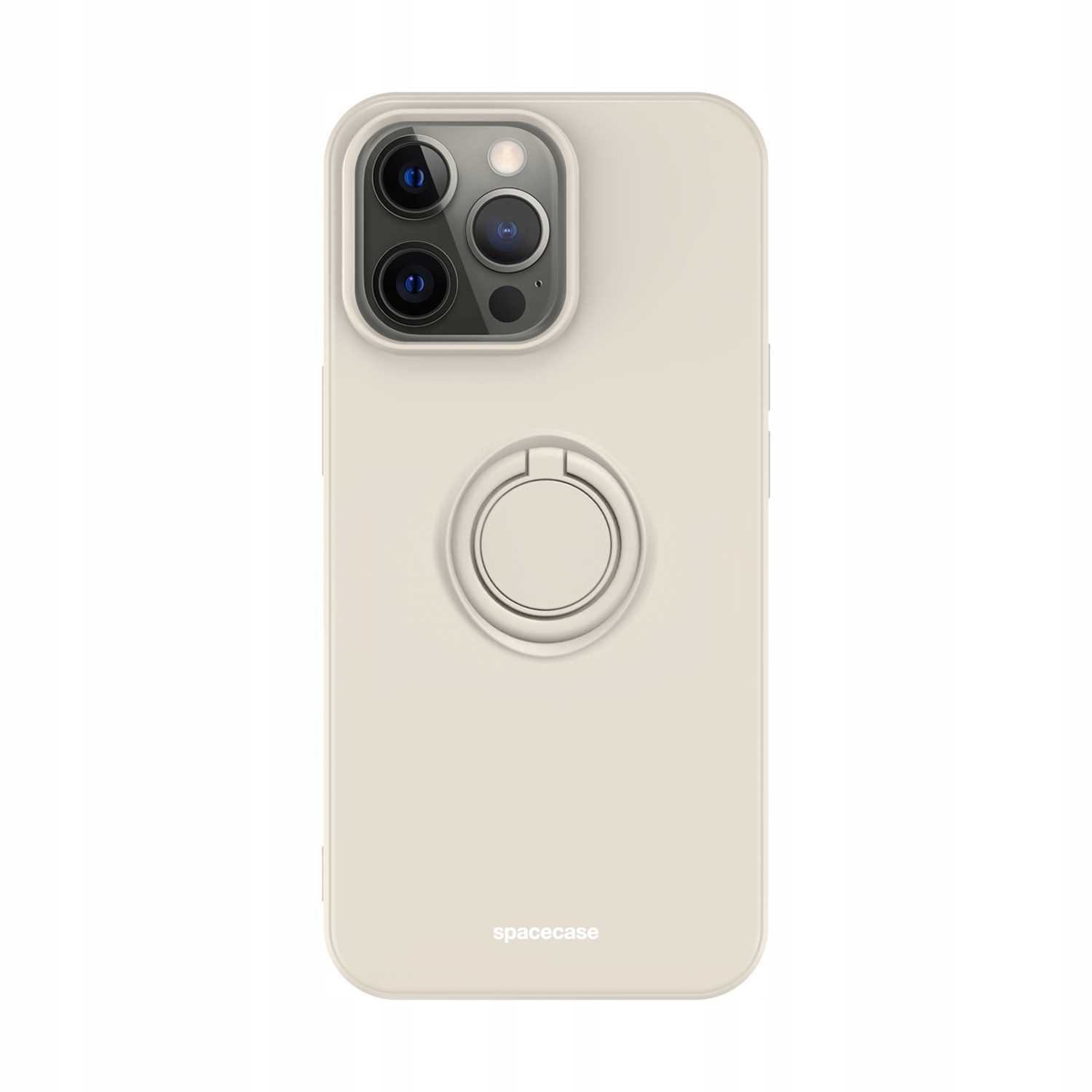 Kremowe etui na telefon z uchwytem na pierścionek. Etui ma obiektywy aparatu i logo na dole.