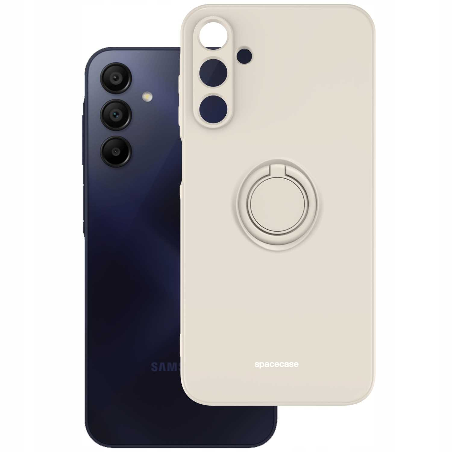 Kremowe etui i niebieski telefon, oba z uchwytem na palec. Marka 'spacecase'.