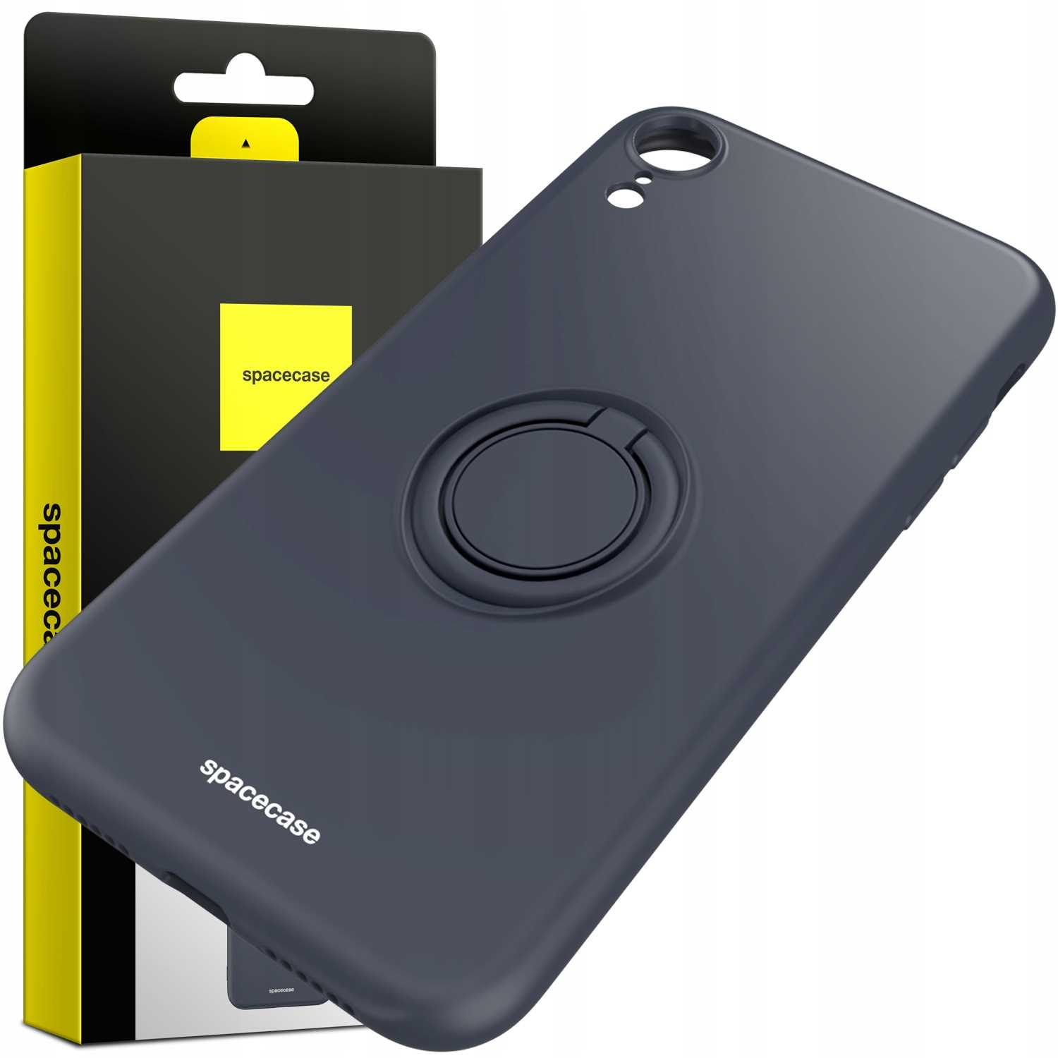 Ciemnoszare etui z uchwytem na palec i opakowaniem. Marka 'spacecase'.