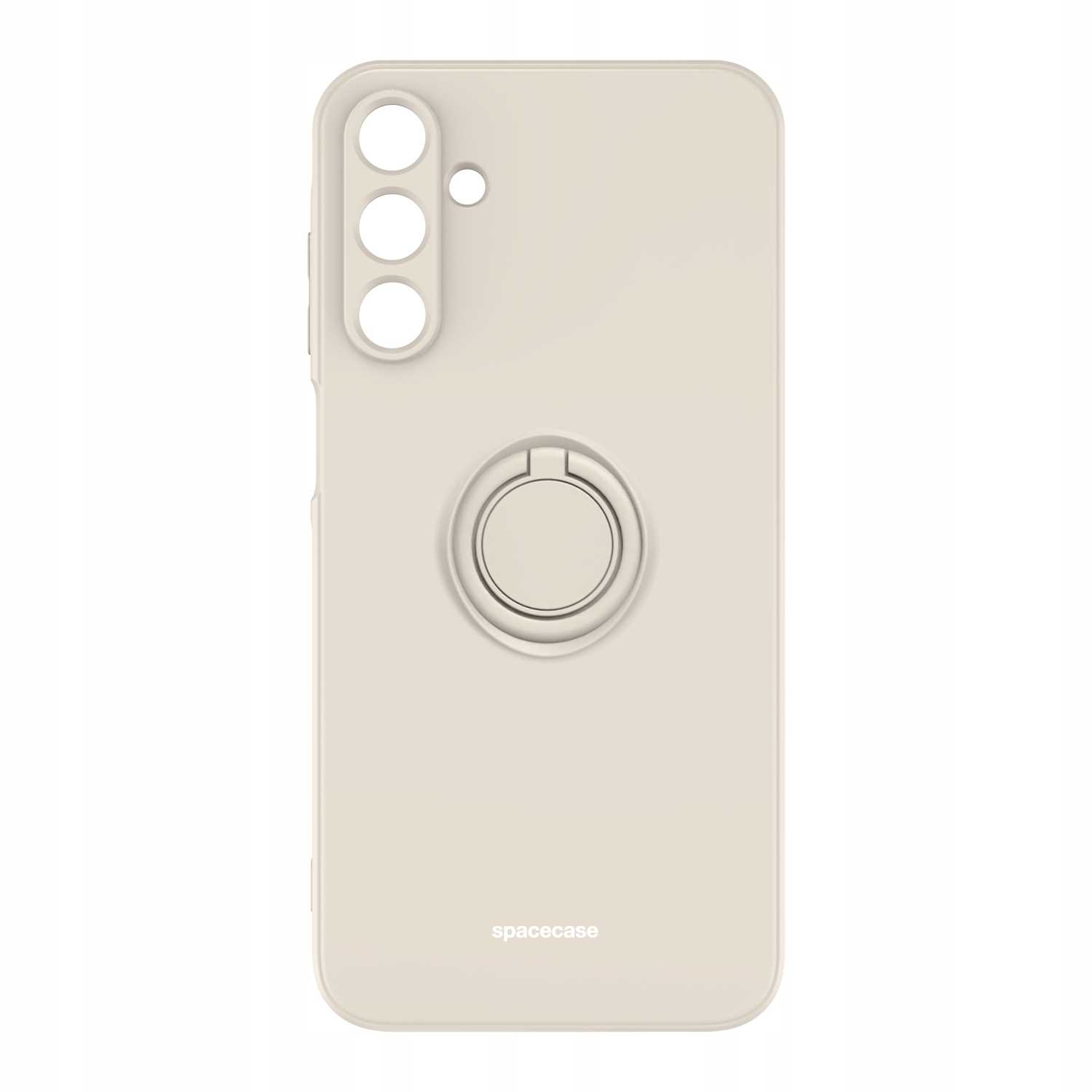 Kremowe etui na telefon z uchwytem na pierścionek. Etui ma trzy obiektywy aparatu i logo na dole.