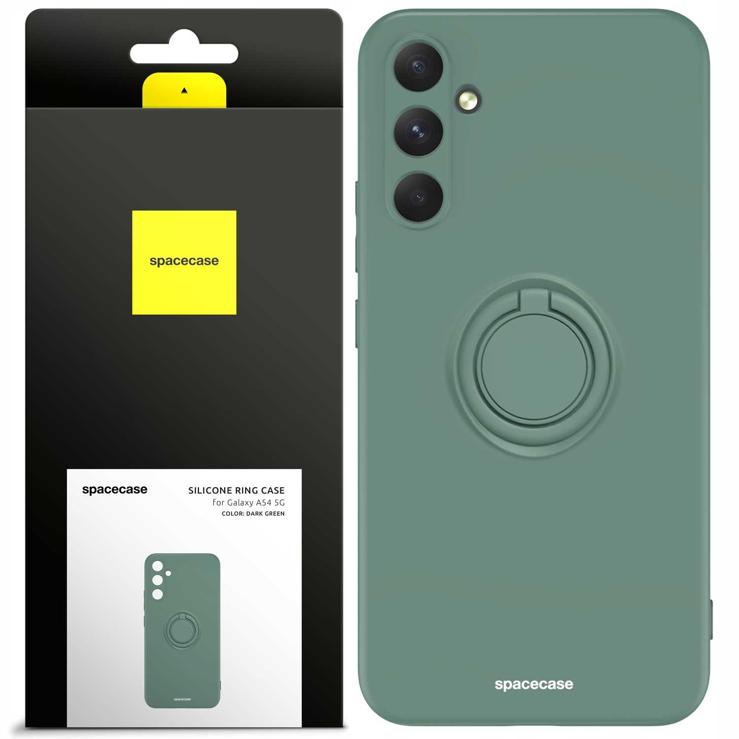 Zielone etui z uchwytem na pierścień i pudełkiem. Na pudełku napis 'Spacecase' i 'For Galaxy A54 5G'.