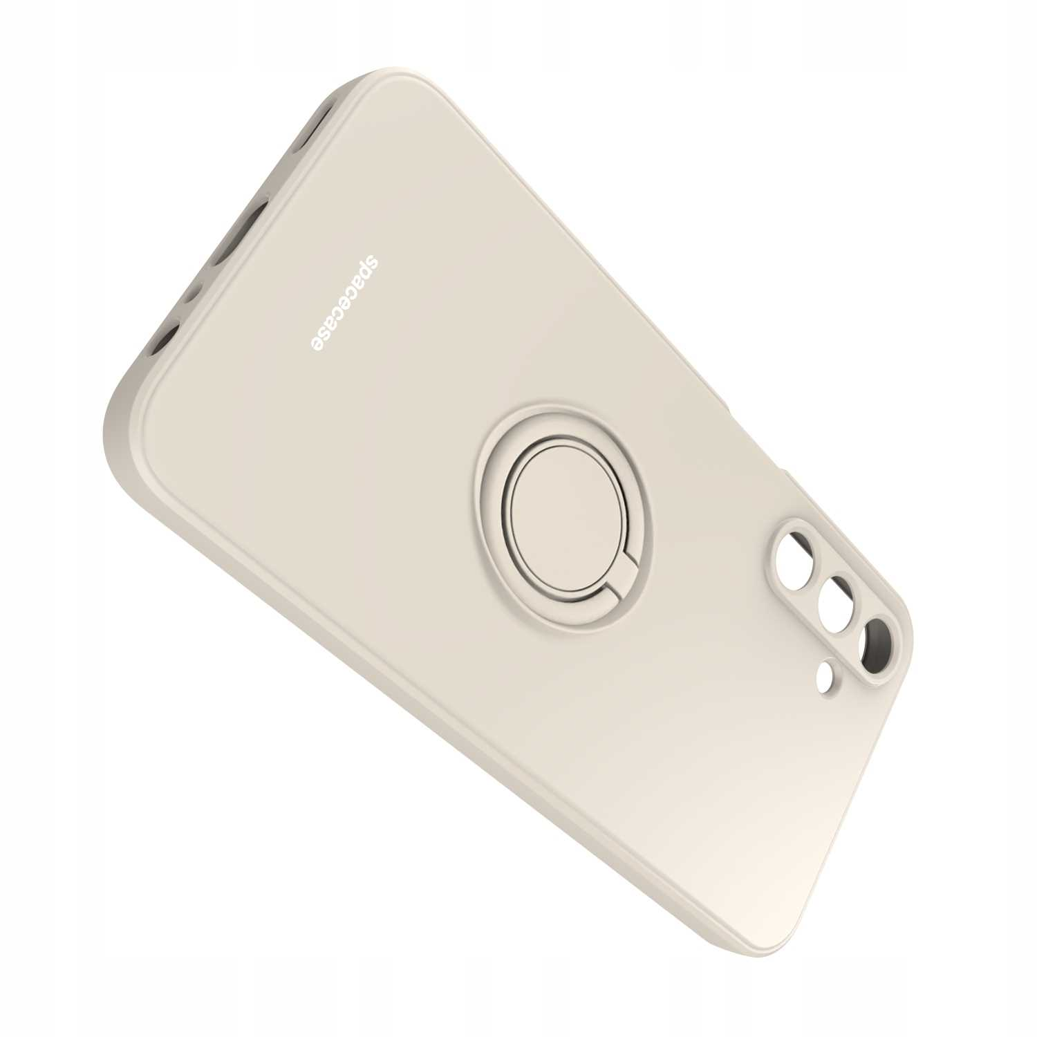 Jasne beżowe etui na telefon z uchwytem na pierścień. Widoczne logo marki. Etui na telefon jest pod kątem.