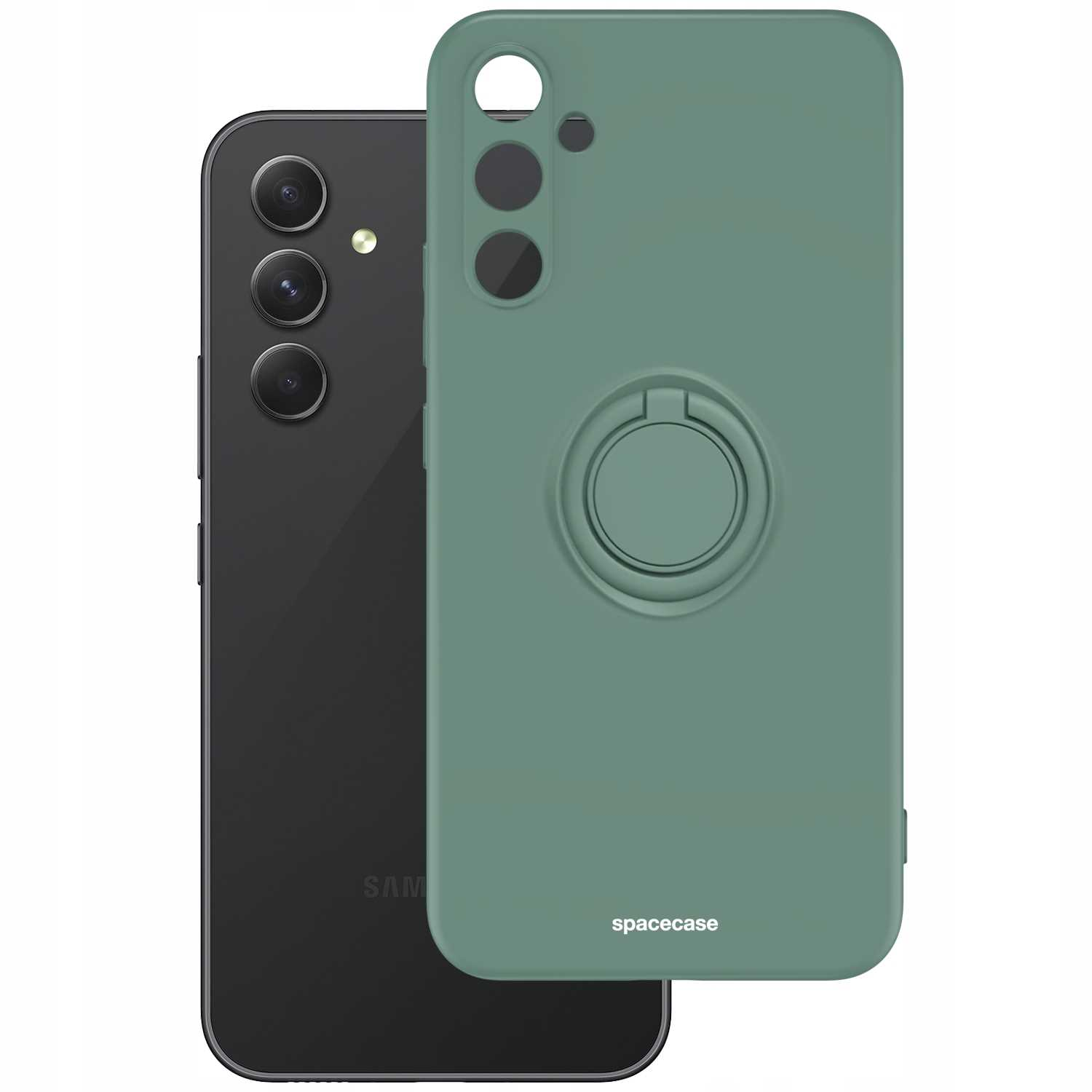 Zielone etui z czarnym telefonem. Etui ma uchwyt na pierścień. Widoczne logo Spacecase.