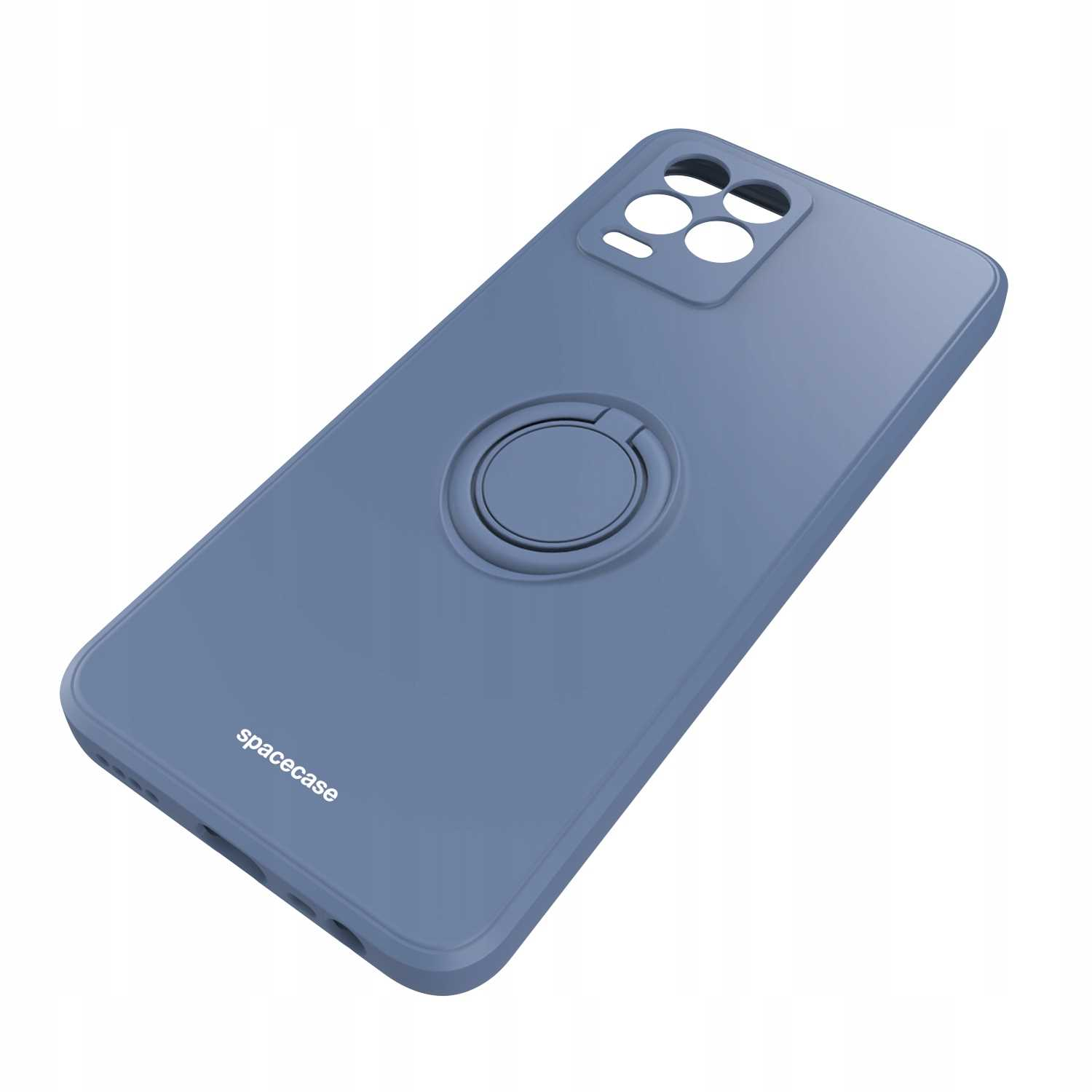 Niebieskie etui na telefon z uchwytem na pierścień. Etui ma wycięcie na aparat. Widoczne logo Spacecase.