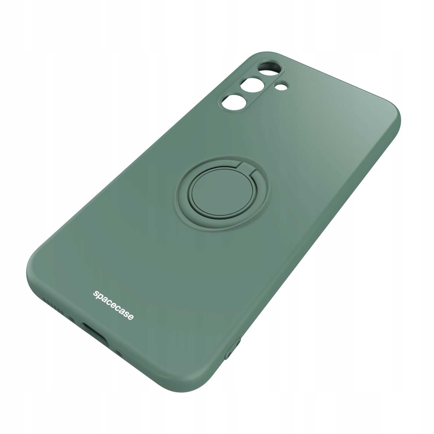 Zielone etui na telefon z uchwytem na pierścień. Etui ma wycięcie na aparat. Widoczne logo Spacecase.