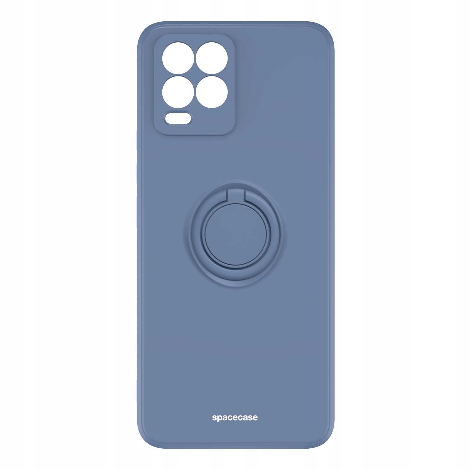 Niebieskie etui na telefon z uchwytem na pierścień. Etui ma wycięcie na aparat. Widoczne logo Spacecase.