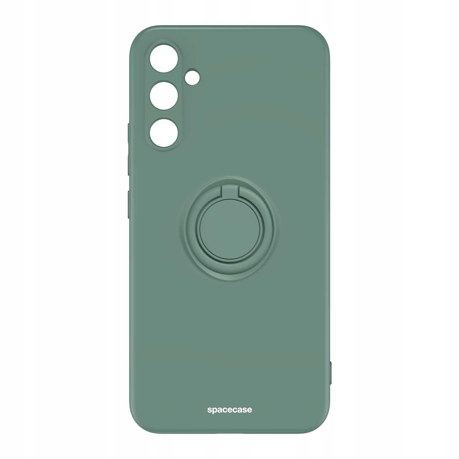 Zielone etui z uchwytem na pierścień. Widoczne logo Spacecase. Etui na białej powierzchni.