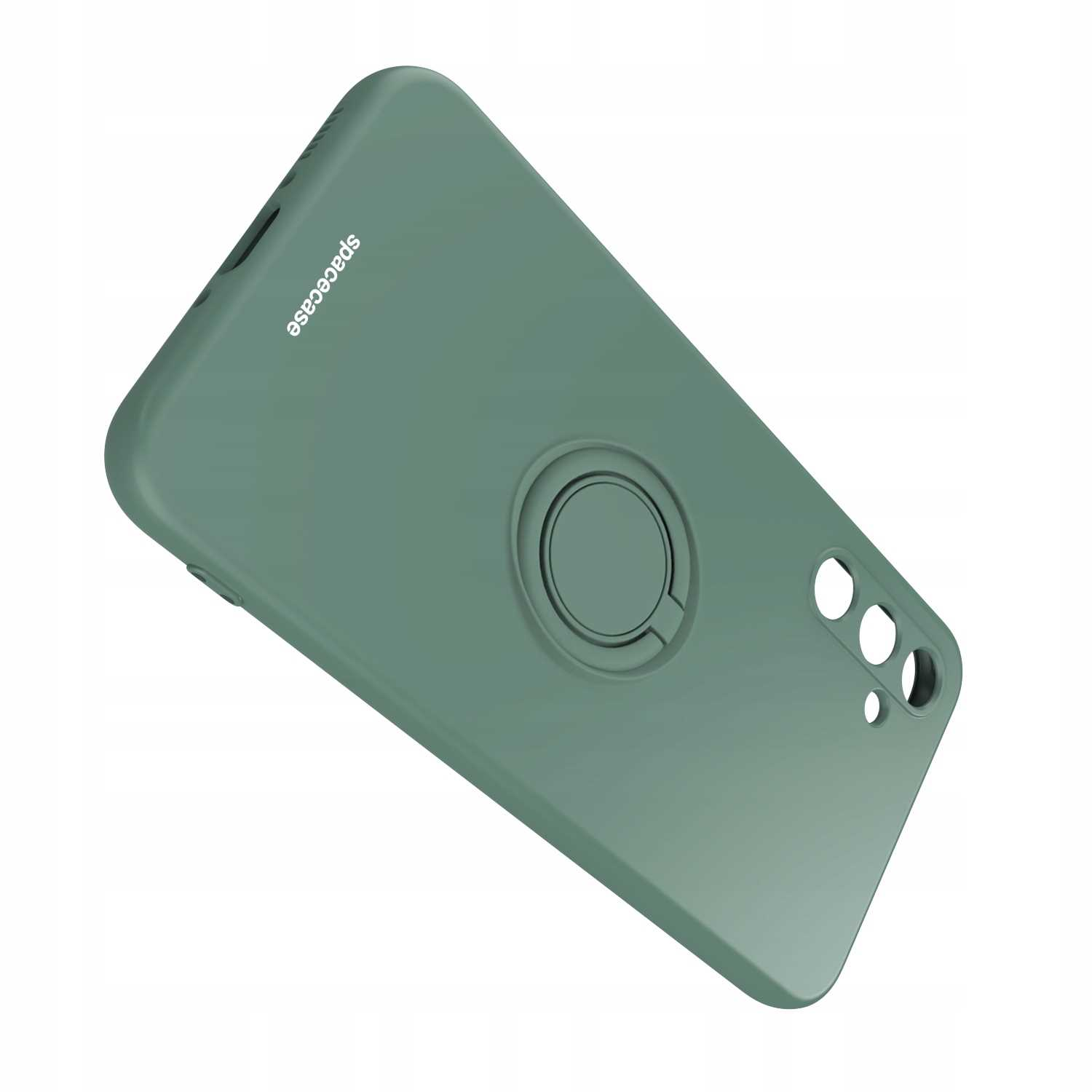 Zielone etui z uchwytem na pierścień. Widoczne logo Spacecase. Etui ma wycięcie na aparat.