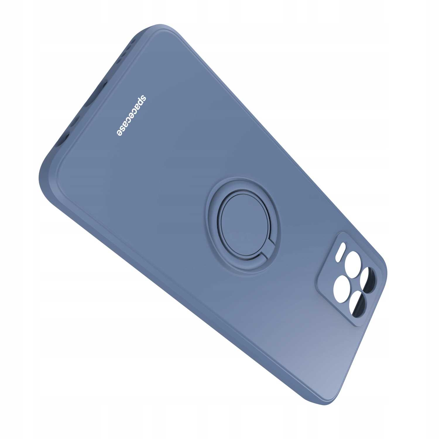 Niebieska obudowa telefonu z uchwytem na pierścień. Logo Spacecase na dole. Obudowa jest pod kątem.